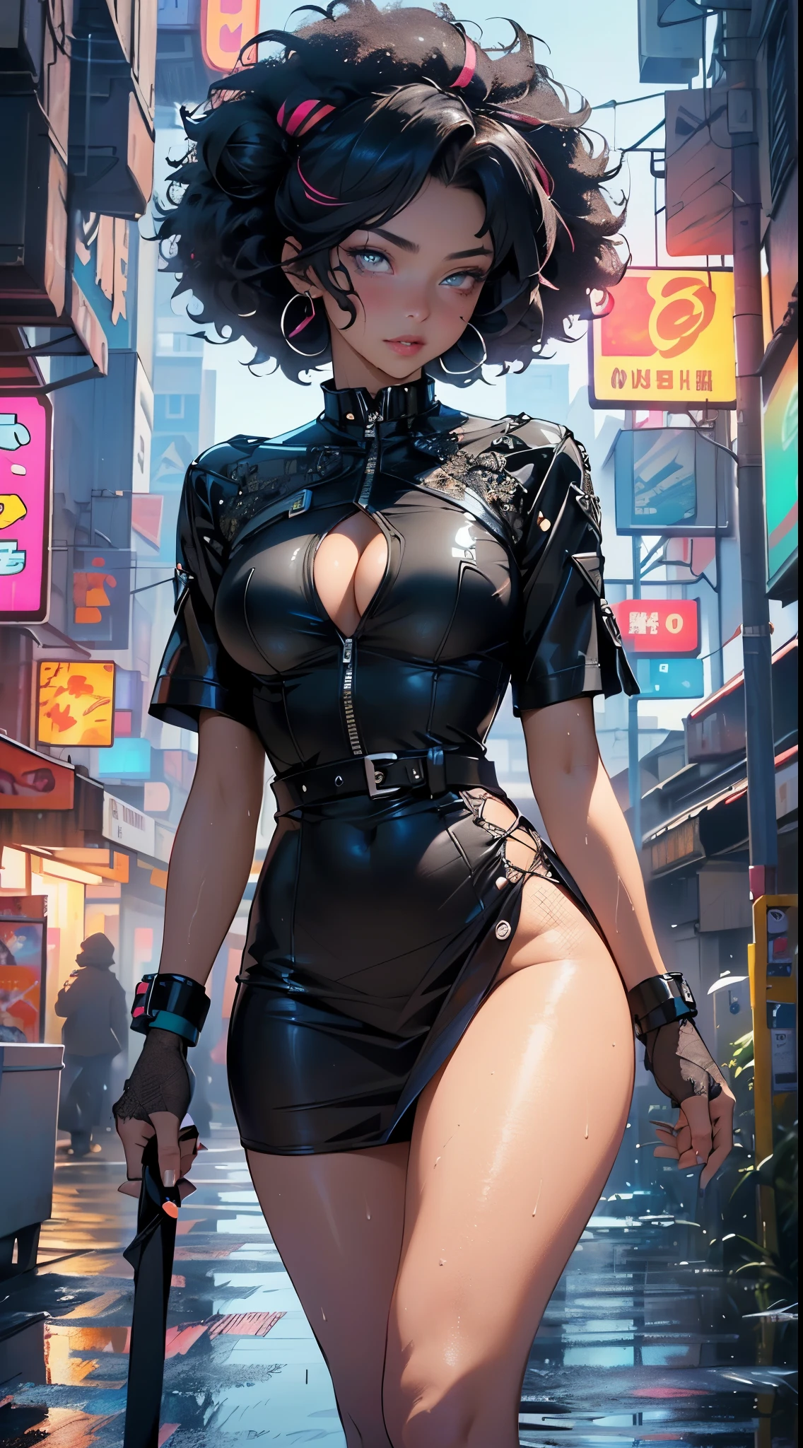 girl spacepunk,(((1girl))),((cute and beautiful afro haired girl)),((((black race)))),
(large breasts:1.4),saggy breasts,((((black afro hair:1.35,((afro hair:1.35)),afrohair,afro:1.35,dark hair,black hair,Double hair bun:1.3)))),medium hair,((heterochromia:1.5, (yellow_eye and red_eye))),intricate eyes,beautiful detailed eyes,symmetrical eyes,((fat)),((((tan,dark skin,black skin:1.35,dark-skinned_female,dark skin:1.3,ebony skin,lustrous skin:1.5,bright skin: 1.5,shiny skin,very shiny skin,shiny body,illuminated skin,wet legs)))),(spider lower abdomen,narrow waist,wide hip,athletic body,inflated legs, thick thighs),(((detailed face))),
cute,slutty,sensual,seductive look,seductive,erotic,enchanting,((nsfw)),
revealing clothing,show skin,(((neon green fishnet dress))),((slave collar)),(((wet clothes,intricate outfit,intricate clothes))),
(dynamic pose:1.0),solo focus,embarrassed,(centered,scale to fit dimensions,Rule of thirds),
cyberpunk city by the ocean at night, with bright neon signs and dark stormy clouds and puddles, scenery:1.25,nighttime, starry night, cosmos,Very dark night that makes the neon lights stand out, very bright neon lights,
artistic photography,(photography taken by sldr),highres, sharp focus,(ultra detailed, extremely detailed), (photorealistic artwork:1.37),(extremely detailed CG unity 8k wallpaper),((synthwave background theme)),(((vibrant colors))),intricate,(intricate background),(masterpiece),(best quality),perfect rendered face,perfect face details,realistic face,photo realistic,analog style,((intricate detail)),(((realism))),