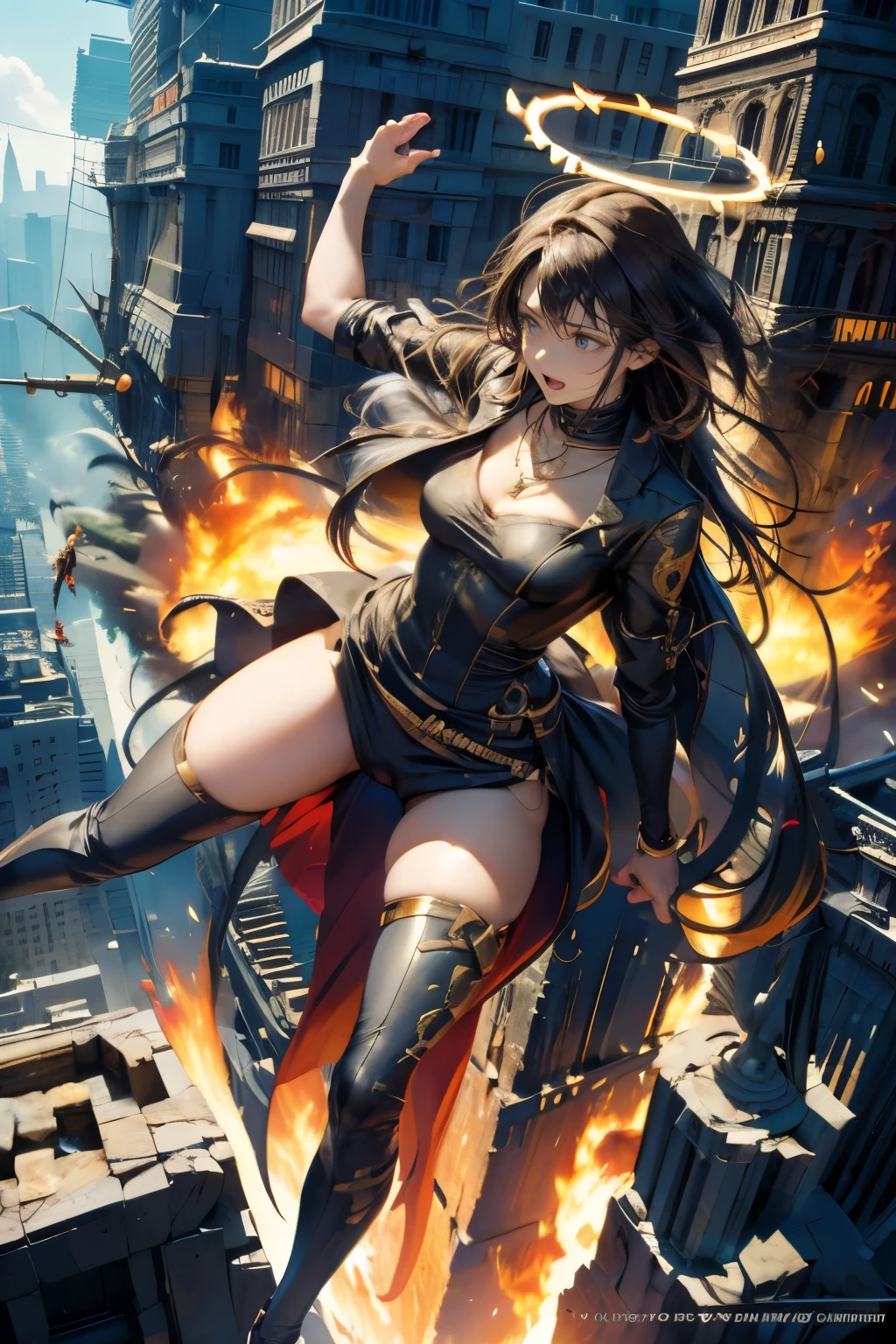 looking away, aerial angle, (mechanical, complex body), (100m tall goddess), female round face, drooping eyes, open mouth, open legs, (protect cover on chest and crotch), ((halo)), ruins of the city, impact, high speed, flame, necklace on fire, destroying, lightning, ((fight scene, fighting pose)), anger, god's weapon