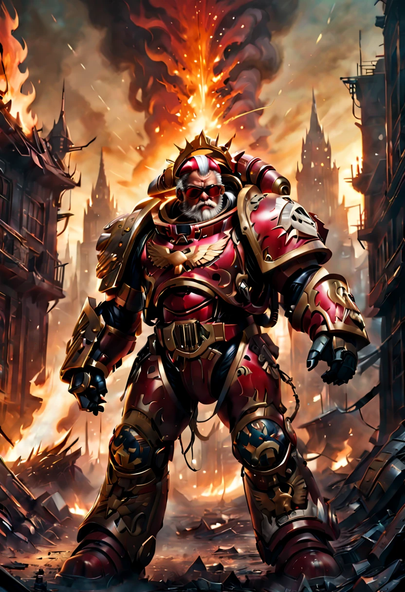 Warhammer 40K universe，santa claus，Mechanical suit of red and gold armor，Santa hat，sparkly red color sunglasses，Intense war-like environment，Destroyed buildings and flames，The background is a futuristic cityscape，severe and threatening atmosphere，Sci-fi cyberpunk aesthetics，High contrast and desaturated tones，Dramatic and dynamic lighting effec quality,4k,highres,masterpiece:1.2),ultra-detailed,(realistic,photorealistic,photo-realistic:1.37)