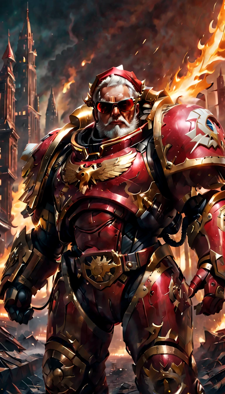 Warhammer 40K universe，santa claus，Mechanical suit of red and gold armor，Santa hat，sparkly red color sunglasses，Intense war-like environment，Destroyed buildings and flames，The background is a futuristic cityscape，severe and threatening atmosphere，Sci-fi cyberpunk aesthetics，High contrast and desaturated tones，Dramatic and dynamic lighting effec quality,4k,highres,masterpiece:1.2),ultra-detailed,(realistic,photorealistic,photo-realistic:1.37)