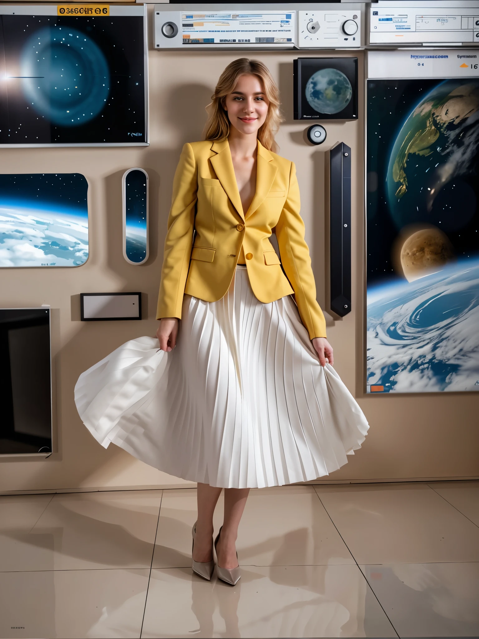 (smiling:1,2) woman playing with skirt, dancing, wearing short blazer and very very detailed (long (fully pleated) full circle skirt) and (low heeled) office shoes, very very intricate hyper-detailed symmetric (attractive graceful young feminine face) with (sad, tired eyes and a shy smile), large breasts, full of empathy and compassion and love, (pronounced (feminine) features), (highly detailed ultra accurate realistic) hands and fingers, (windy conditions and wind blowing), epic composition, highly detailed attributes, highly detailed space station background, (35mm f1.4 Kodak portra 400 photograph), extremely high quality RAW photograph,