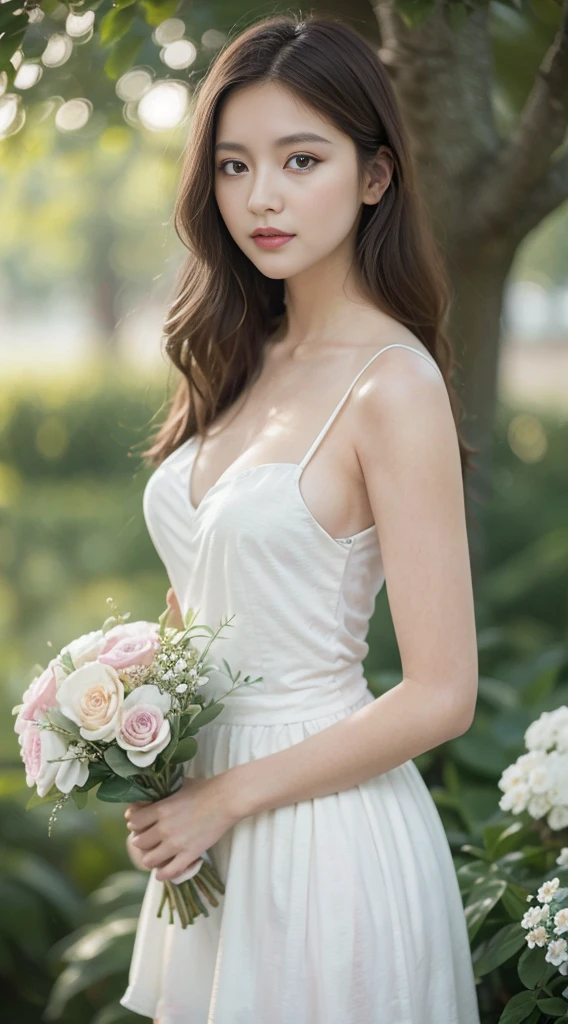 beautiful university flowers, With perfect porcelain skin, Fascinating eyes that shine like emeralds, She is wearing a stylish white dress that emphasizes her graceful figure。. She stands confidently, a faint smile appears on her lips, Because she has a bouquet of bright flowers、. The stage is、Blossoms、Tall trees々A lush botanical garden with lush greenery。, Create a dreamy romantic atmosphere. The artwork is created in a whimsical and fantastical style, With soft pastel colors and delicate brush strokes, Add enchantment to a scene. Photos are taken with a professional digital SLR camera, Use shallow depth of field to slightly blur the background, The lighting angle highlights the beauty of the subject.、Creates a warm glow。. Rendering accuracy is outstanding, Attention to detail and intricate textures, Get surprisingly realistic depictions. Final artwork is displayed in ultra-high resolution, Reaching 8K quality, Allows you to appreciate every intricate detail.
