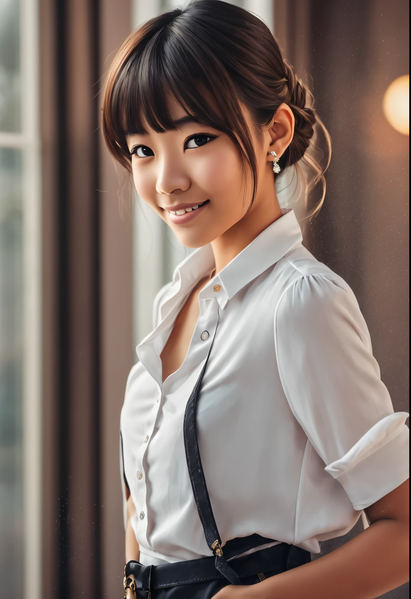 Create ultra photorealistic of a Thai girl with dark brown eyes, natural skin, brown updo hair with bangs, standing in a white blouse and flare skirt. She is solo, smiling, with an open mouth. The image has a bokeh feeling, with window light only, and a night city background. The image features hyper-realism, hyper-detailing, beautiful eyes, pretty wet lips, delicate fingers, detailed pupils, and real hum  - --auto --s2