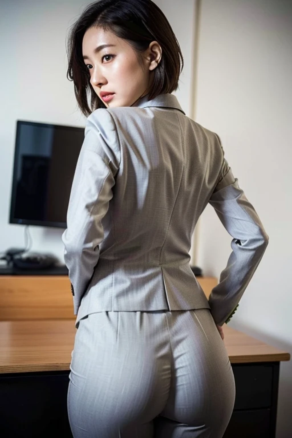 (Best quality, 8k, 32k, Masterpiece, UHD:1.2), 1girl, beautiy Japanese woman, narrow waist, grey suit, white shirt, office lady, suit, pants, from behind, office room, desk,  (stick out one's buttocks:1.2), detailed face, short hair,