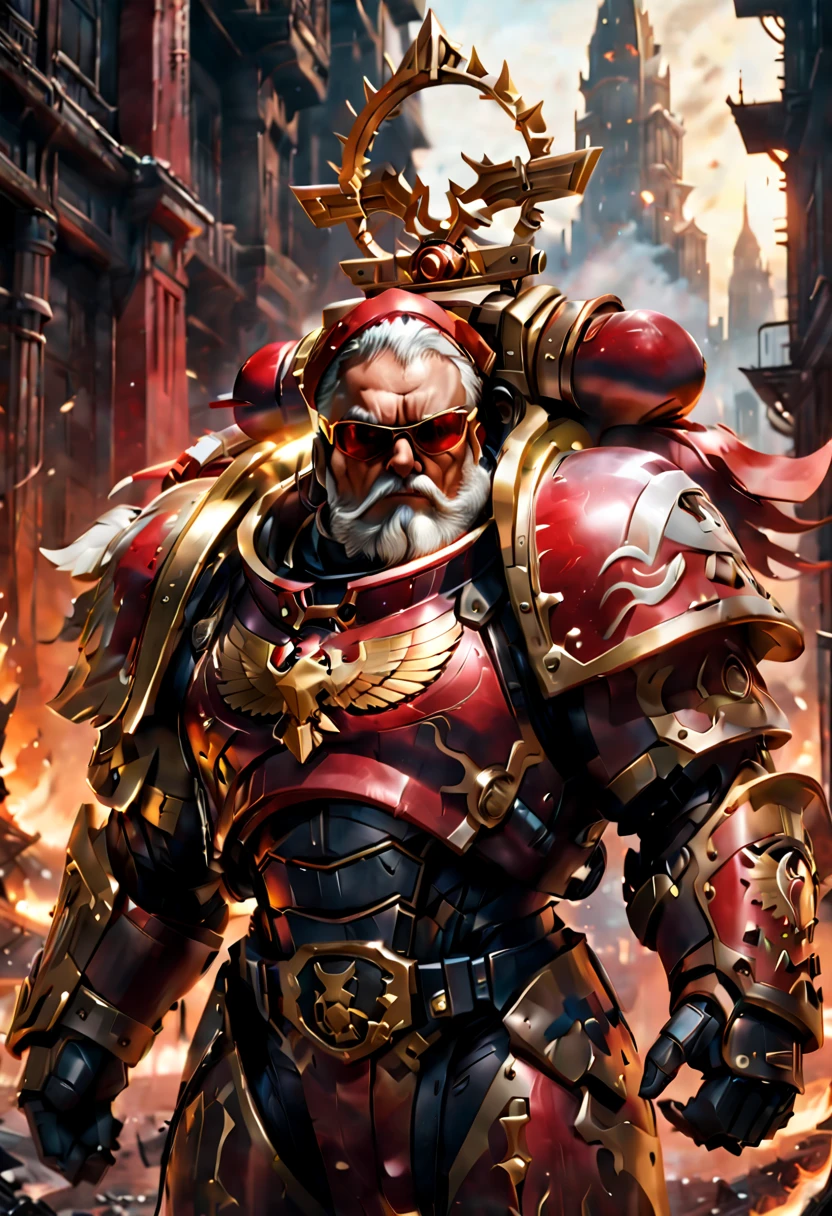 Warhammer 40K universe,Knight armor santa claus,Mechanical suit of red and gold armor,Santa hat,sparkly red color sunglasses,Intense war-like environment,Destroyed buildings and flames,The background is a futuristic cityscape,severe and threatening atmosphere,Sci-fi cyberpunk aesthetics,High contrast and desaturated tones,Dramatic and dynamic lighting effec quality,4k,highres,masterpiece:1.2),ultra-detailed,(realistic,photorealistic,photo-realistic:1.37)