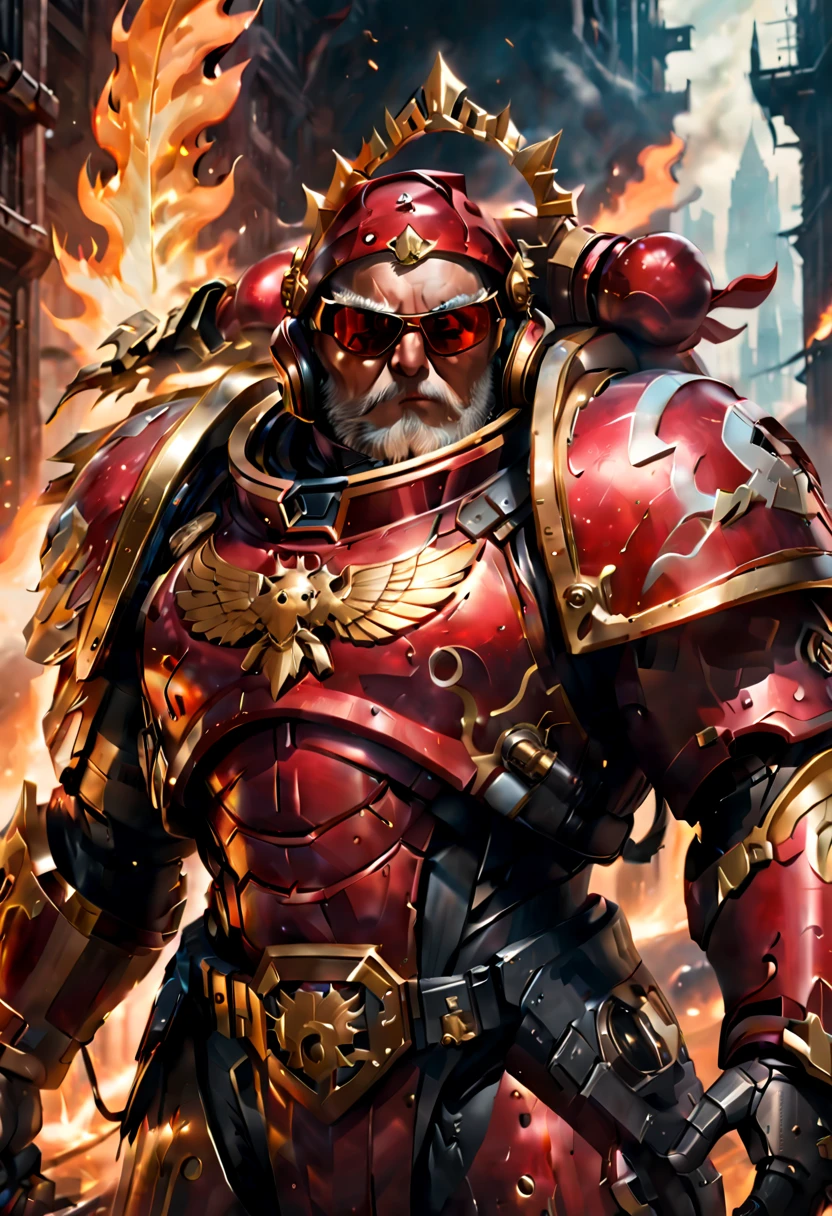 Warhammer 40K universe，Knight armor santa claus，Mechanical suit of red and gold armor，Santa hat，sparkly red color sunglasses，Intense war-like environment，Destroyed buildings and flames，The background is a futuristic cityscape，severe and threatening atmosphere，Sci-fi cyberpunk aesthetics，High contrast and desaturated tones，Dramatic and dynamic lighting effec quality,4k,highres,masterpiece:1.2),ultra-detailed,(realistic,photorealistic,photo-realistic:1.37)