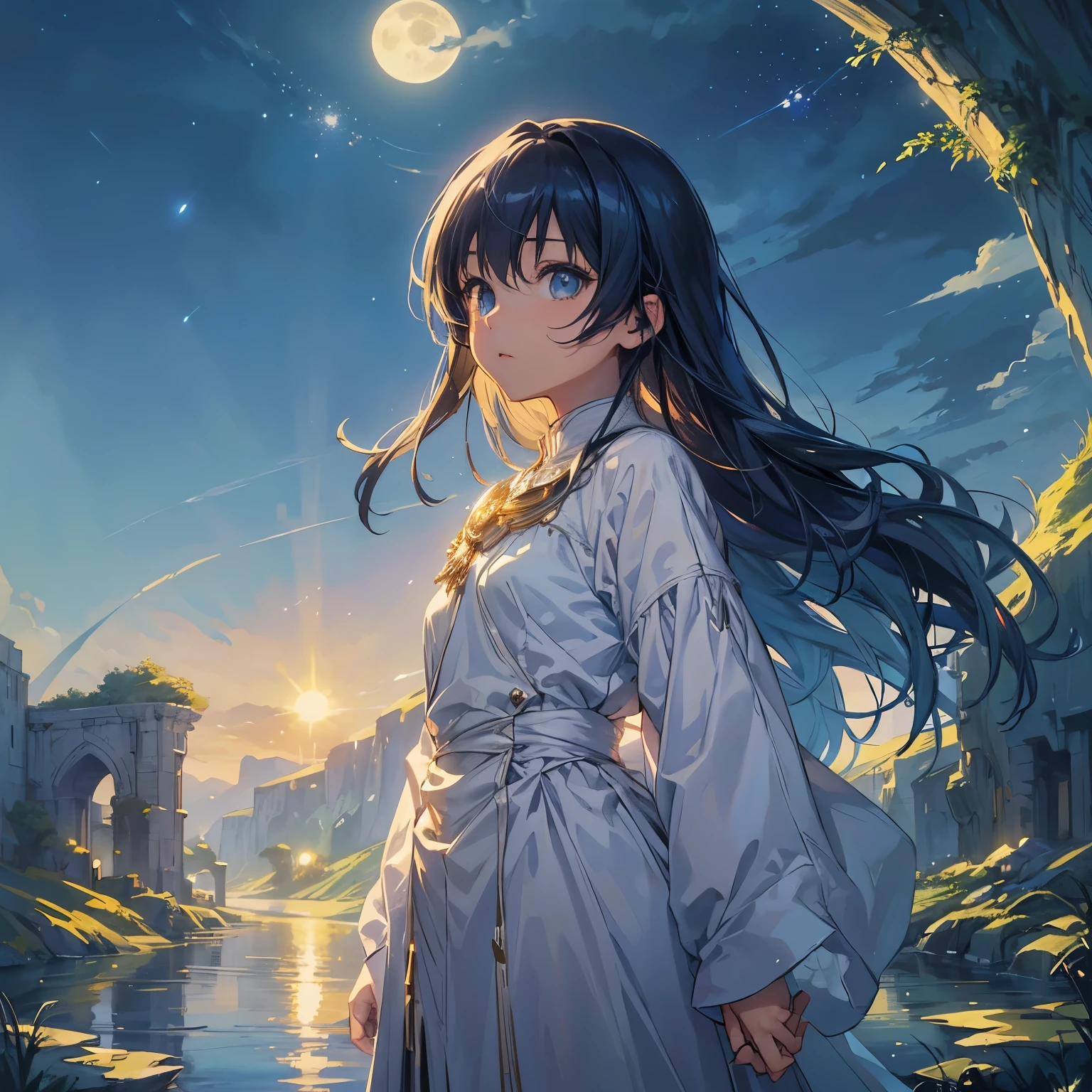 Painting of a river with stars and moon in the sky、top-quality、Fantasyart、beautiful anime scene、Bright moon、Moonlit star environment、Dream painting、Anime Background Art、Fantasy landscape art、fantasy knight、anime background artwork、Fantastic art、atmospheric anime、starrysky、Detailed details、girl standing looking up at the sky、