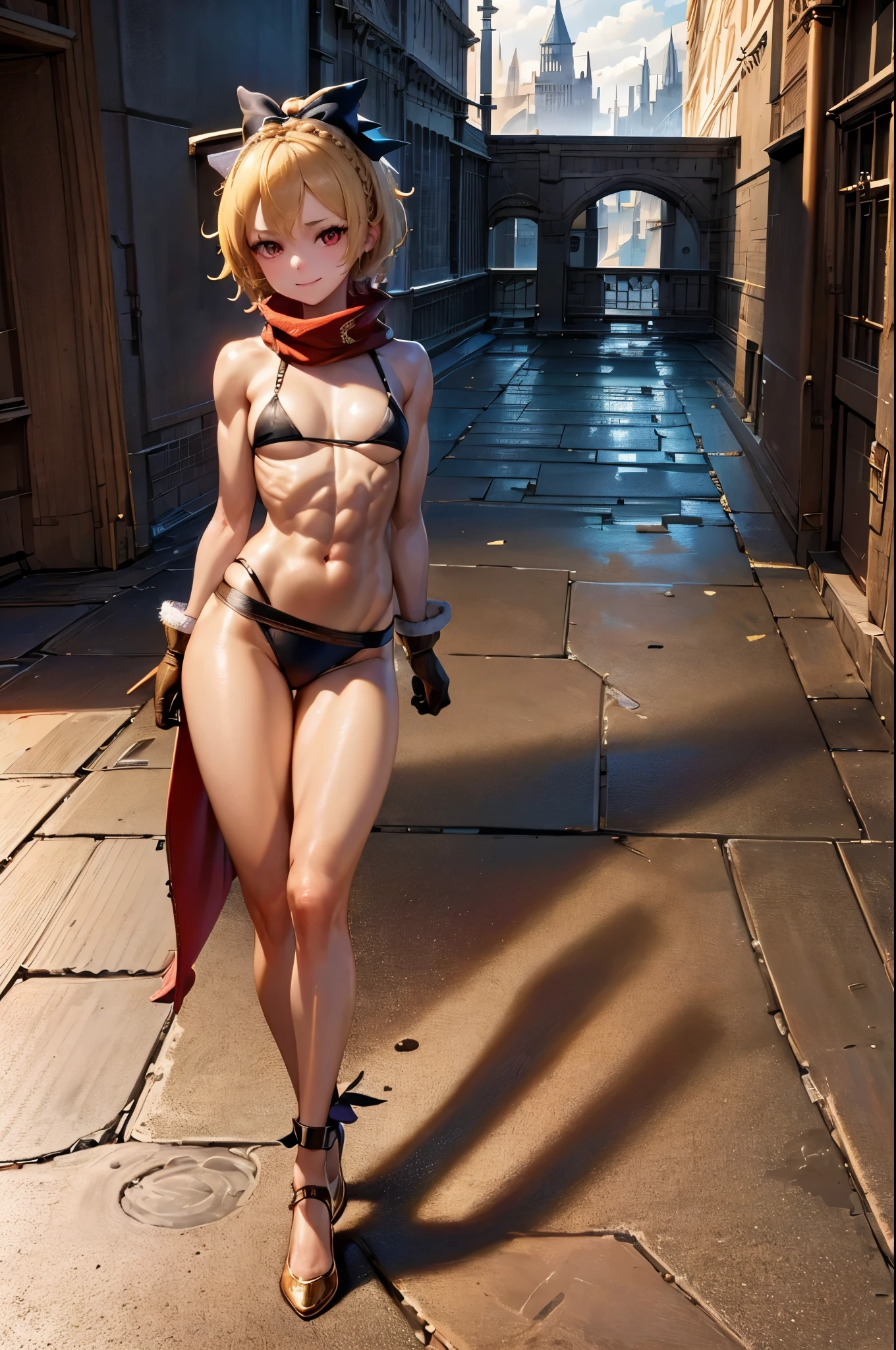 best quality, 4k, ((masterpiece)), extremely detailed, 8k, Trending on ArtStation, intricate, very high details, sharp focus, detailed background, (Fantasy City: 1.4), Roof, 1girl, floor, navel, ( blonde hair), red eyes, hair bow, red scarf, braid, short hair, small breasts, Looking at viewer, smile, belly, blonde hair, {{{very short and sexy bikini}}}, (wearing black panties very short ), Gloves, Brown gloves, (muscular legs), (standing with one leg on the floor and the other up), holding the leg up, (((facing me))),