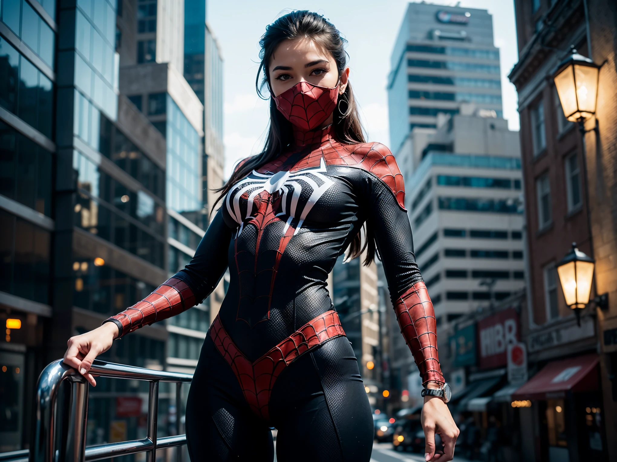 (masterpiece,Highest Quality,in 8K,ultra-detailliert,hight resolution,Photorealistic,Clearly),(1girls:1.4),(full bodyesbian:1.4),((A woman posing like Spider-Man on the roof of a building 1.3)),((Detailed face drawing)),(well-muscled:1.4),(thick thighs:1.4),((スパイダーマン風のfull bodyesbianタイツを着ている:1.4)),(mask:1.3),((detailed skin drawing)),(The background is a city of skyscrapers at night:1.4),(looking at viewer:1.3)