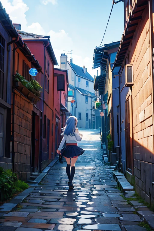 Anime girl wearing skirt walking on cobblestone street, Today’s recommended anime is still, screenshot from the anime film, Popular isekai anime, in the anime film, Anime visuals of a cute girl, outerspace, Colorful anime movie background, anime movie screenshot, Still from anime, beautiful anime scenes, anime film still, TV animation stills, Running anime girl