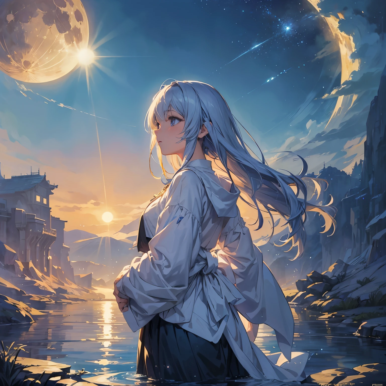 Painting of a river with stars and moon in the sky、top-quality、Fantasyart、beautiful anime scene、Bright moon、Moonlit star environment、Dream painting、Anime Background Art、Fantasy landscape art、fantasy knight、anime background artwork、Fantastic art、atmospheric anime、starrysky、Detailed details、girl standing looking up at the sky、