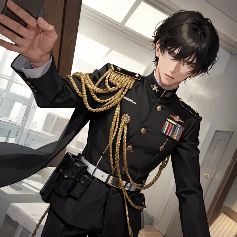(Top resolution, Distinct_image) Best Quality, male officer, Black military uniform,masutepiece, Highly detailed, Semi-realistic, short Black hair, Black hair, Bangs, An 18-year-old man, 年轻, Tall and strong, There is a shortage of military uniforms in regular schools., Black uniform, Suit, Interior background, Cold, Serious,Overhead view of the composition
