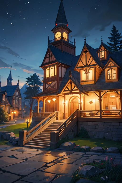 Night view of houses with bell tower and path, howl\'s moving castle at night, tavern background, Madhouse Studio anime style, Fantasy tavern background, cozy bistro, 动漫arte de fundo, arte de fundo, shadowy castle background, Little Witch Academy, Small town background, night village background, alchemist library background, light kingdom backdrop
