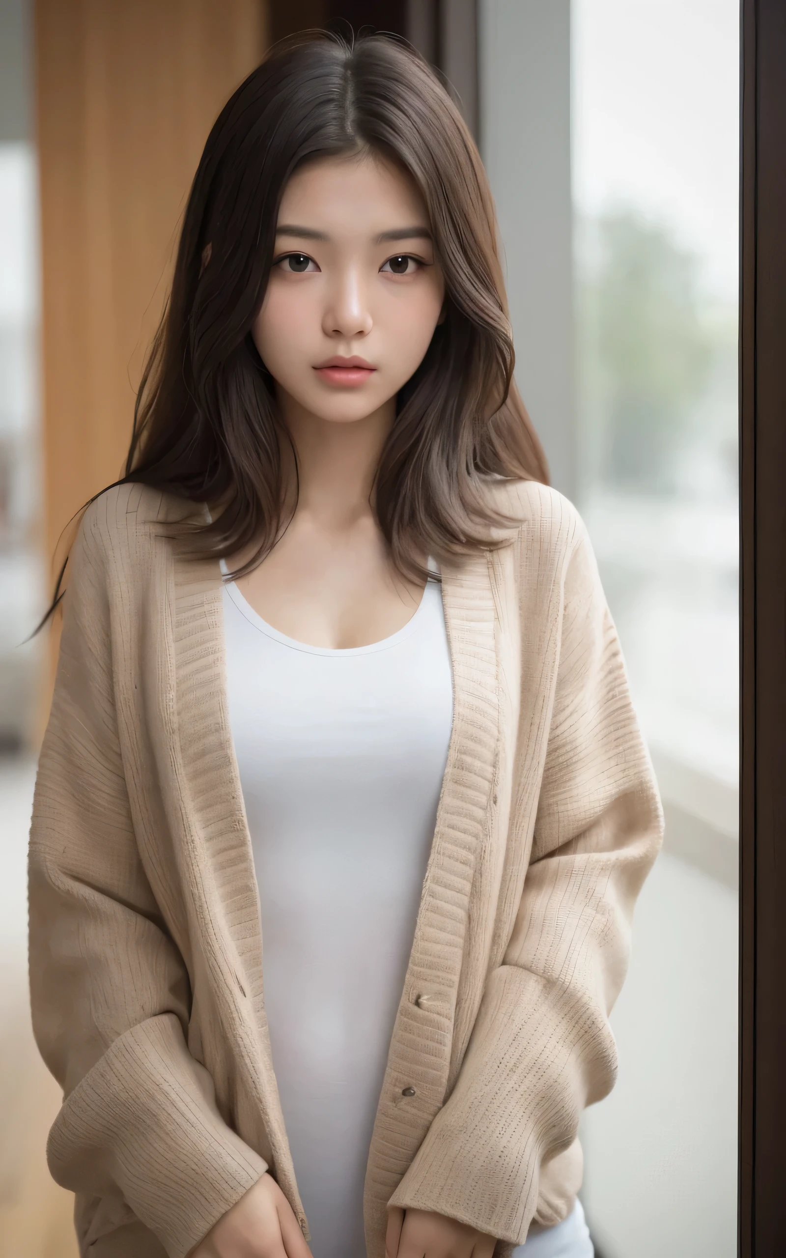 masutepiece, Best Quality, 8K, 1 girl, Right human hands, Correct human finger, japanaese girl, gros-plan, Cute, Girly, Delicate girl, Neat and clean beauty, medium breasts⁩, Sexy lips, Luminescent, Looking away, Raw photo, F/1.8, 135 mm, NIKON, Anatomically correct, Bokeh，Textured skin, Professional Photography, Portrait, Soft light, Professional Lighting, Back Light, boobs film grain, (Eyes and faces with detailed:1.0), Brown hair, Medium hair swaying in the wind, T-shirt, Cardigan
