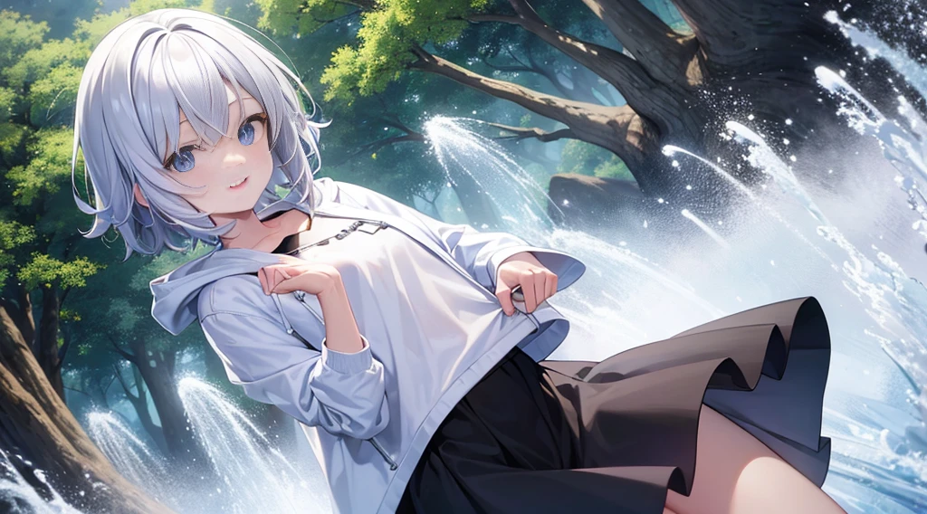 beautiful girl、、Off the shoulder、White T-shirt、Wet、slouch、Chest、Flat Chest、garden、smile、Spraying water with a hose