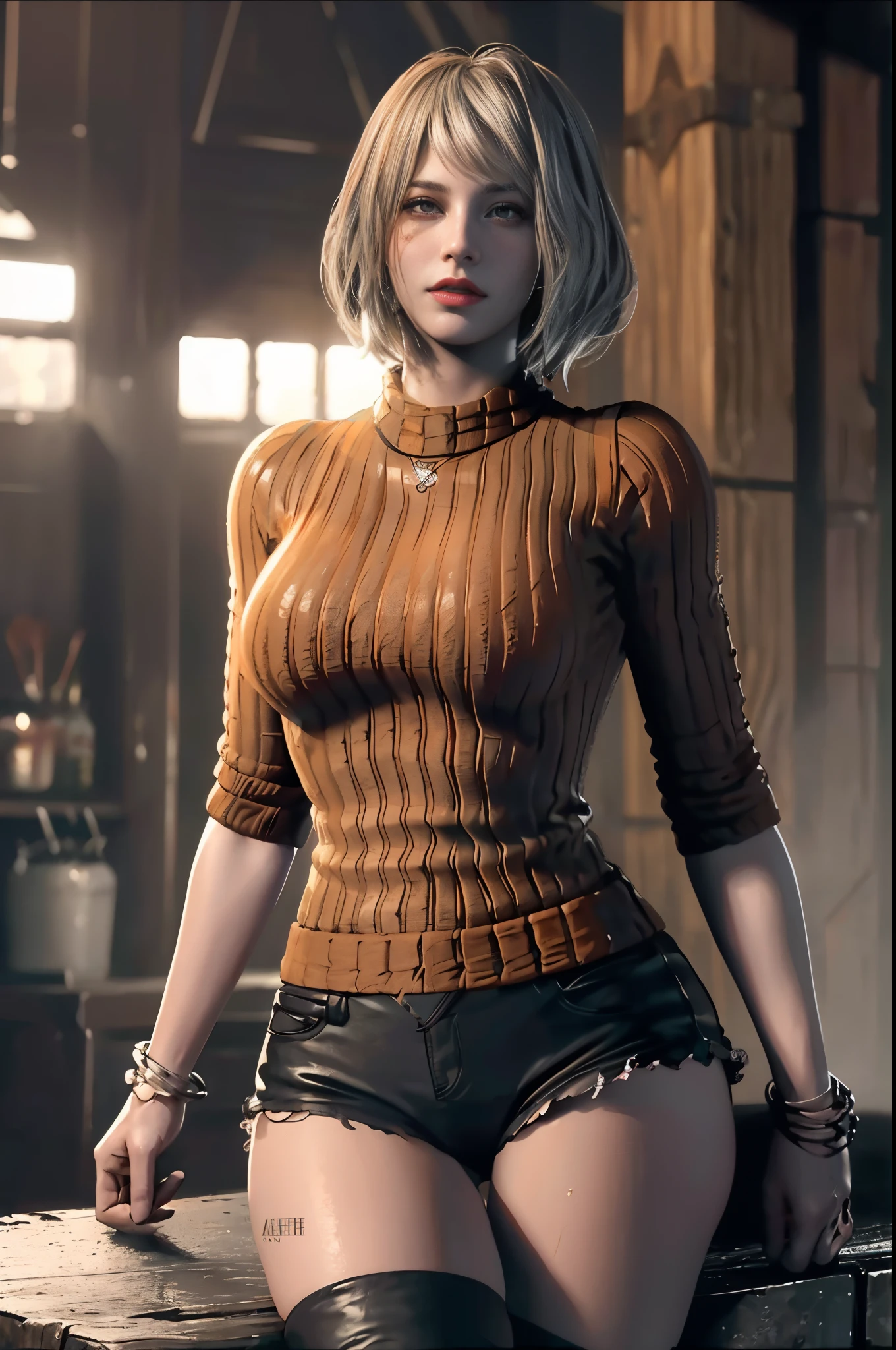 (cowboyshot: 1.2), (Ashley Graham (Ella Freya) \ (Resident Evil 4 Remake \), (ojos hermosos finamente detallados y cara detallada), (face through thigh: 1.4), (disparo de rodilla: 1.2), cabello rubio, solo, dama, (fondo hermoso), :), Angle Dynamic, ojos azules, cara clara, (labios redondos muy gruesos), red lipstik, luz del sol, (cara brillante: 1.2), (caderas muy anchas), (muslos muy gruesos), (Very defined toned physique), (musculosa), (esbelta), dynamic pose, (toma de cuerpo completo), solo, cabello rubio, ojos azules, cabello corto, pendientes, joyas, (sweater de color naranja sin mangas muy ajustado), (muslos descubiertos), ((minifalda)), botas