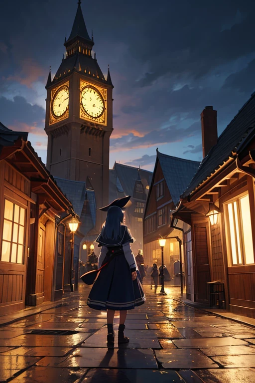 (best quality,4k,8k,highres,masterpiece:1.2),ultra-detailed,(realistic,photorealistic,photo-realistic:1.37),night view of a house with a clock tower and a pathway, moving castle howl at night, background of a tavern, Madhouse Studio anime style, fantasy tavern background, multidimensional cozy tavern, anime background art, background art, dark castle background, little witch academy, small town background, nighttime village background, alchemist library background, luminous kingdom background