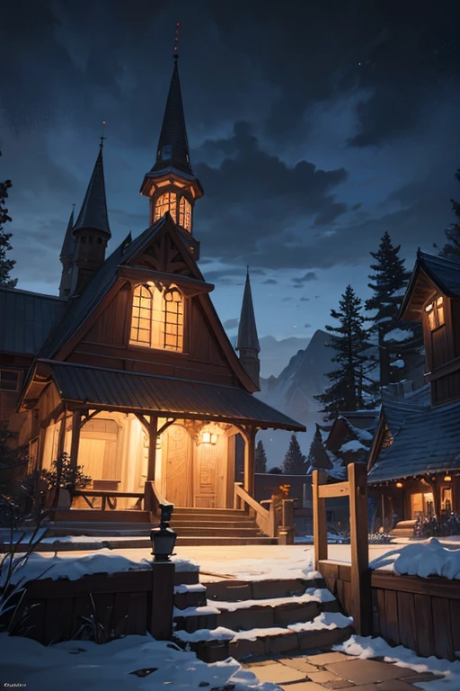 (best quality,4k,8k,highres,masterpiece:1.2),ultra-detailed,(realistic,photorealistic,photo-realistic:1.37),night view of a house with a clock tower and a pathway, moving castle howl at night, background of a tavern, Madhouse Studio anime style, fantasy tavern background, multidimensional cozy tavern, anime background art, background art, dark castle background, little witch academy, small town background, nighttime village background, alchemist library background, luminous kingdom background