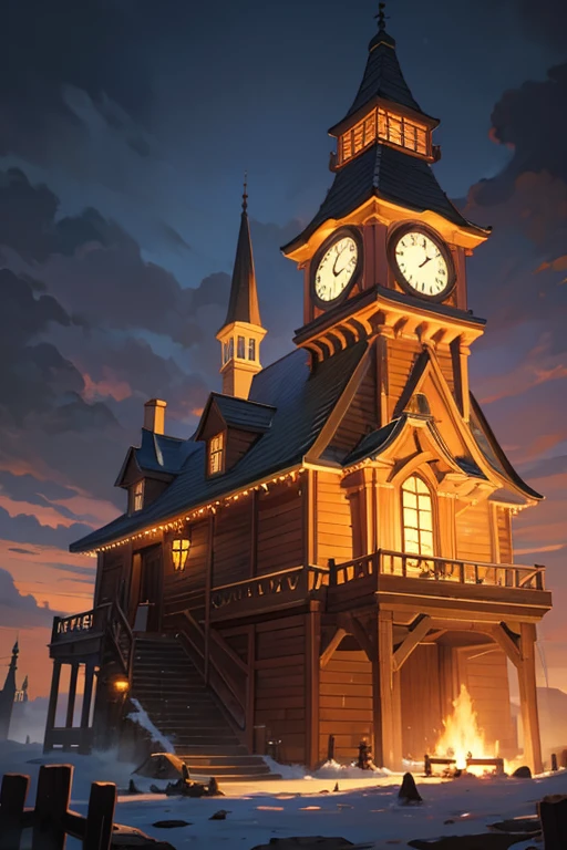 (best quality,4k,8k,highres,masterpiece:1.2),ultra-detailed,(realistic,photorealistic,photo-realistic:1.37),night view of a house with a clock tower and a pathway, moving castle howl at night, background of a tavern, Madhouse Studio anime style, fantasy tavern background, multidimensional cozy tavern, anime background art, background art, dark castle background, little witch academy, small town background, nighttime village background, alchemist library background, luminous kingdom background