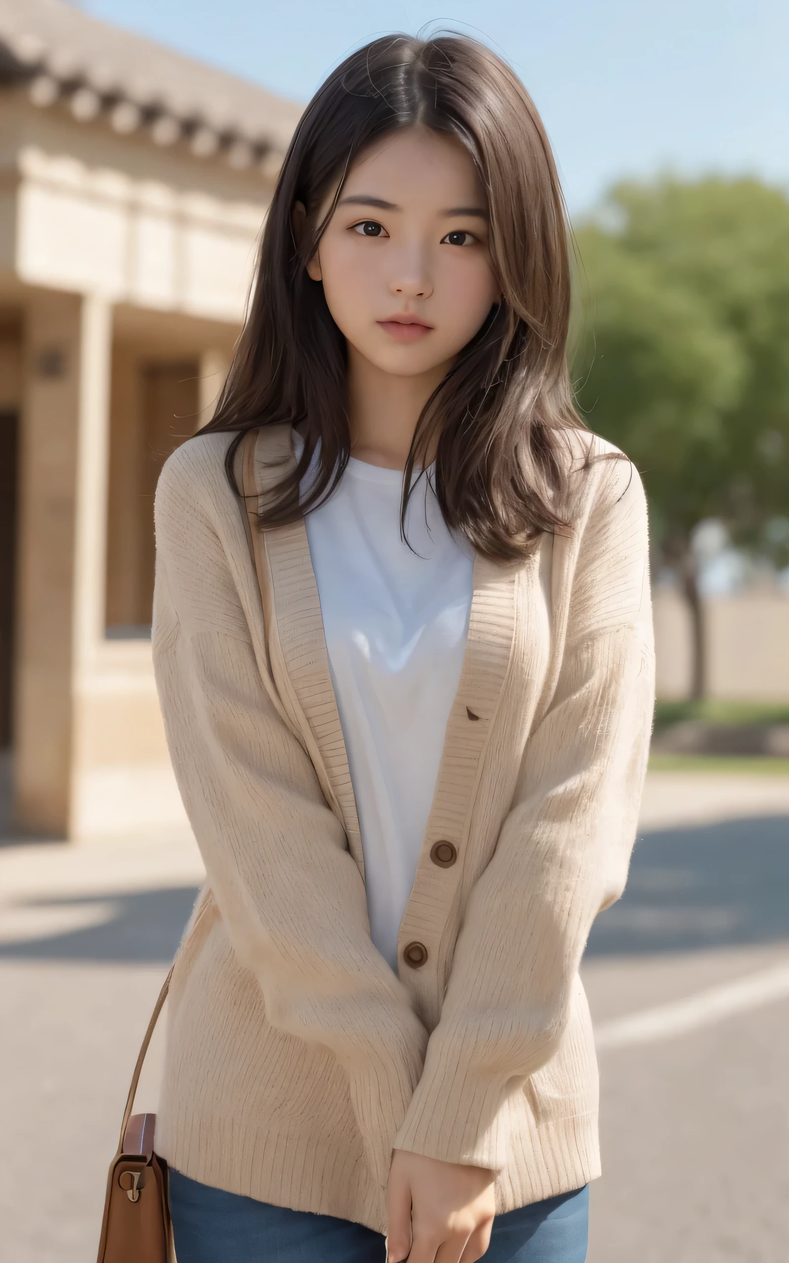masutepiece, Best Quality, 8K, 1 girl, Right human hands, Correct human finger, japanaese girl, gros-plan, Cute, Girly, Delicate girl, Neat and clean beauty, medium breasts⁩, Sexy lips, Luminescent, Looking away, Raw photo, F/1.8, 135 mm, NIKON, Anatomically correct, Bokeh，Textured skin, Professional Photography, Portrait, Soft light, Professional Lighting, Back Light, boobs film grain, (Eyes and faces with detailed:1.0), Brown hair, Medium hair swaying in the wind, T-shirt, Cardigan