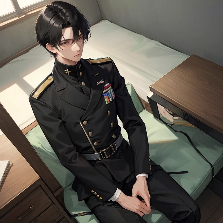 (Top resolution, Distinct_image) Best Quality, male officer, Black military uniform,masutepiece, Highly detailed, Semi-realistic, short Black hair, Black hair, Bangs, An 18-year-old man, 年轻, Tall and strong, There is a shortage of military uniforms in regular schools.., Black uniform, Suit, Interior background, Cold, Serious,Overhead view of the composition