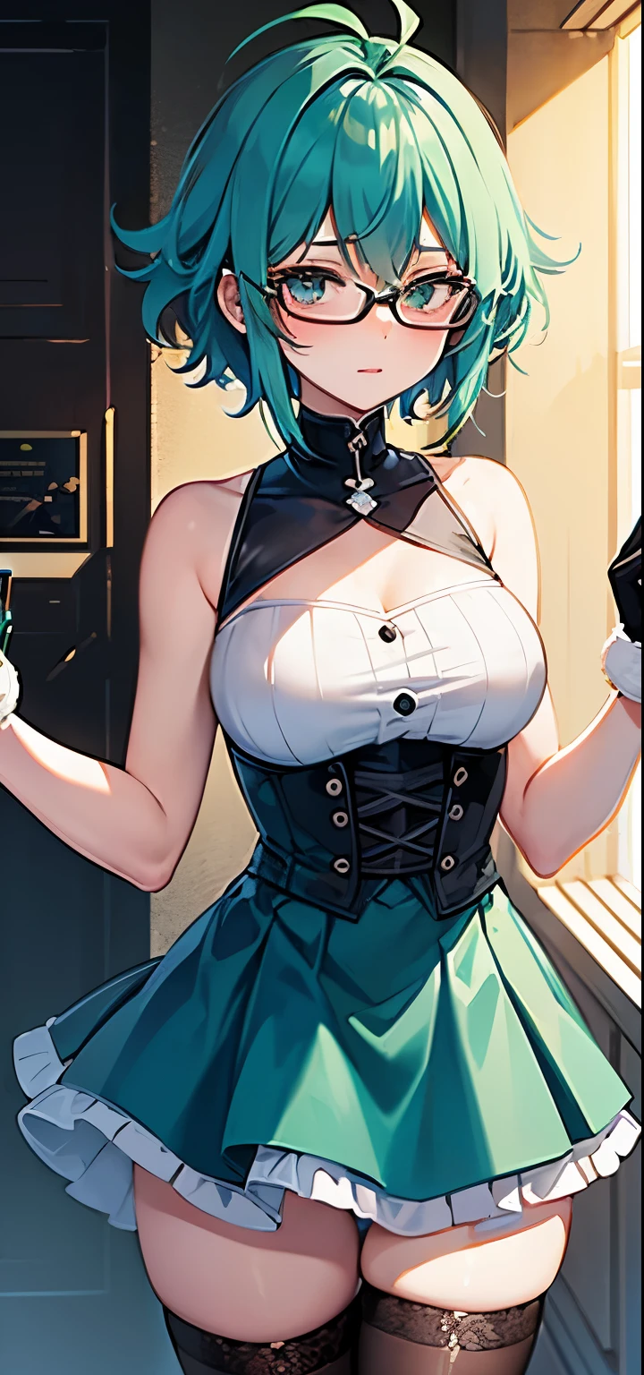 ((best quality)), ((masterpiece)), 1girl, solo, 53 years old, milf, teal and green hair, messy hair, asymmetrical hair, ahoge, very short hair, aqua eyes, medium breasts, pale skin, glasses, ((thighhighs)), bare shoulders, ((jewelry)), ((sleeveless)), white dress, blue skirt, ((gloves)), thigh-high, from behind.
