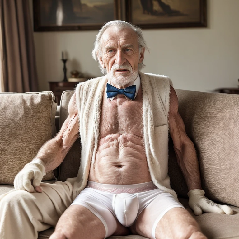 Russel hodgkinson, An elder butler with a long beard and white hair, with a serene face wrinkles, looking producing, body older weak, skinny bones hairy, body naked, his vest butler was open to reveal his stomach wrinkles older hairy weak and chest, bow tie, socks and suspense socks, gloves white, boxer old briefs, arms legs neck hands feet skinny old and weak, shy and blushed, Lying on old sofa vintage, lily,master-piece,4K images,beste-Qualit