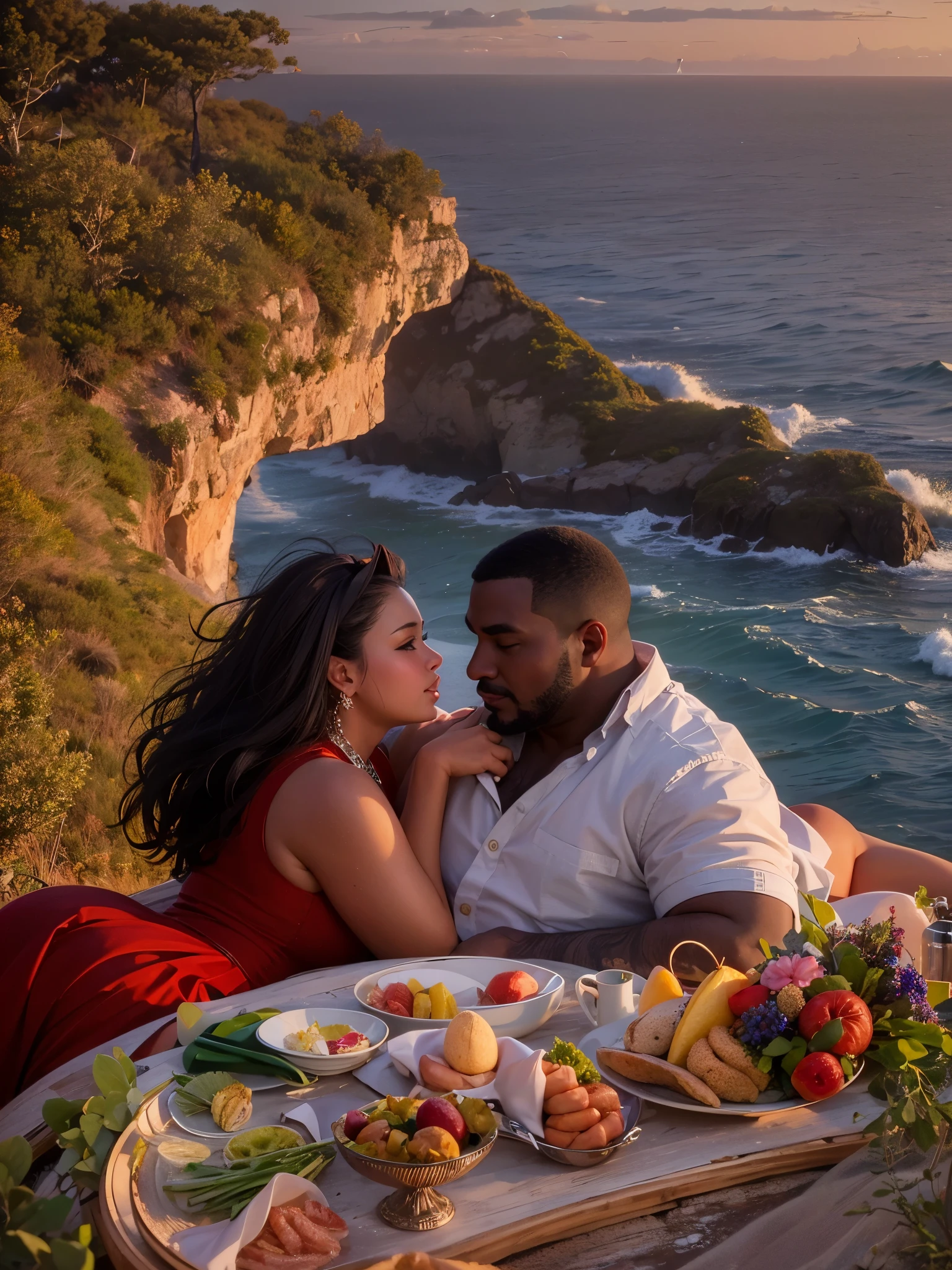 Photograph of a 23 year old full-figured Latina woman and a 25 year old very dark-skinned african-american man having an intimate picnic on a cliff while watching the sunset over the ocean. She is wearing a red sundress with white trim and red high heels. Birds flying in the background., perspective, cinematic lighting, depth of field, reflection light, backlighting, UHD, masterpiece, anatomically correct, textured skin, super detail, 8k