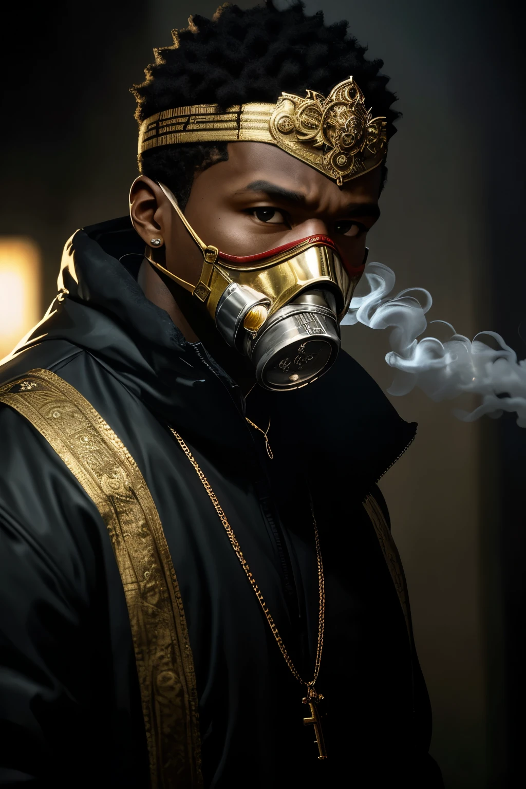 American rapper, actor, and entrepreneur, Curtis James Jackson III, better known by his stage name 50 Cent, wearing a distinctive red and gold face gas mask in the center of the frame. His portrait is captured in a tight, close-up shot, with the mask completely obscuring his features and revealing only his piercing eyes, which seem to stare unblinkingly at the viewer. The mask itself is adorned with intricate designs and gold accents, adding a regal touch to his otherwise ominous appearance. The background is dark and moody, with a slight hint of smoke or haze in the air, further emphasizing the dramatic and enigmatic atmosphere of the image. The lighting is subtly harsh, casting long shadows across his face and accentuating the contrast between the bright, metallic colors of the mask and the dark surroundings. This portrait shot is expertly composed, drawing the viewer's attention to the striking juxtaposition of 50 Cent's familiar yet unsettling visage and the opulent, regal air of the red and gold gas mask., cinematic shot, dynamic lighting, 75mm, Technicolor, Panavision, cinemascope, sharp focus, fine details, 8k, HDR, realism, realistic, key visual, film still, superb cinematic color grading, depth of field