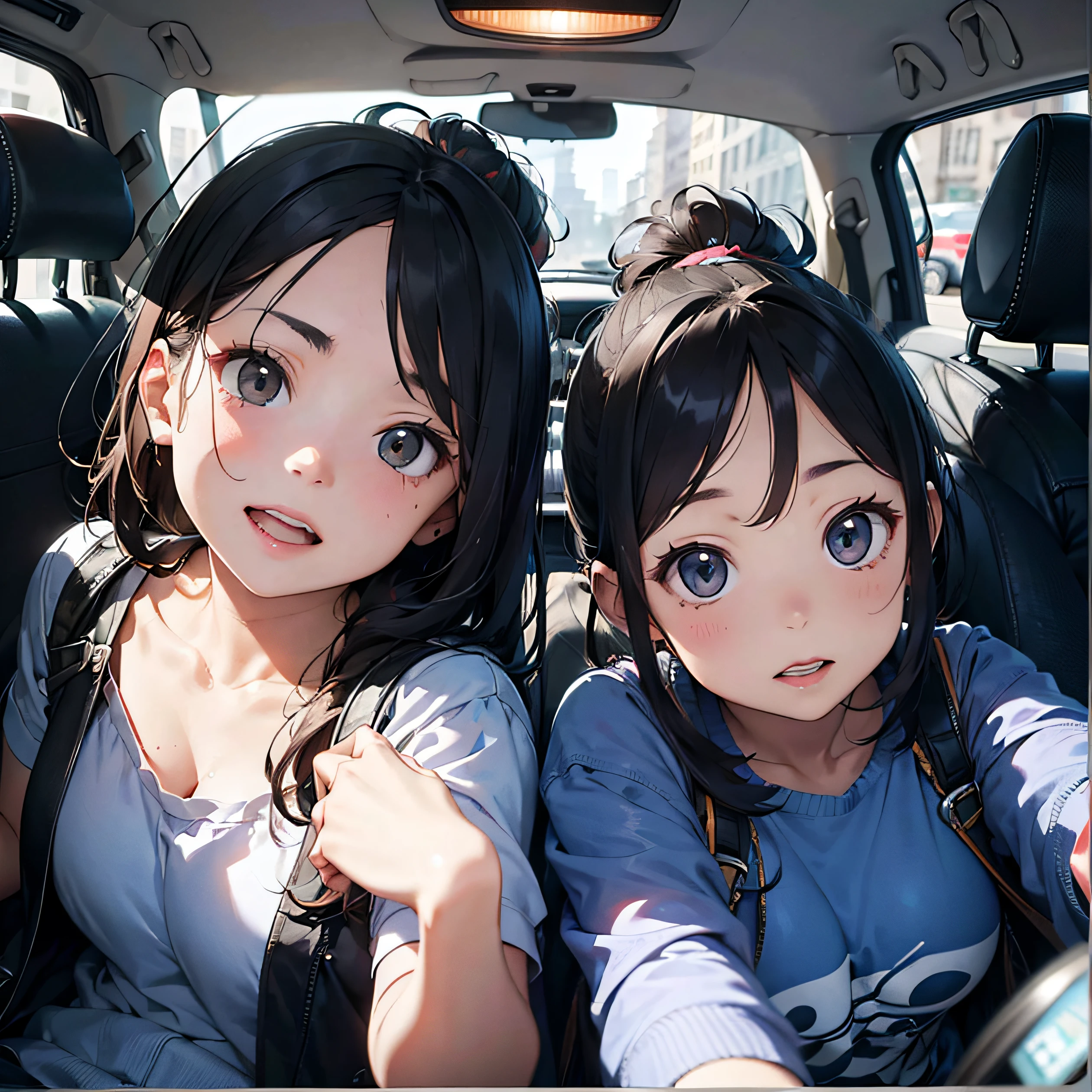 there are a mature woman and a child sitting in the front seat of a car, with a kid, mature woman with ponytail hair, sitting in her car, with ivy, child with long hair and side bangs