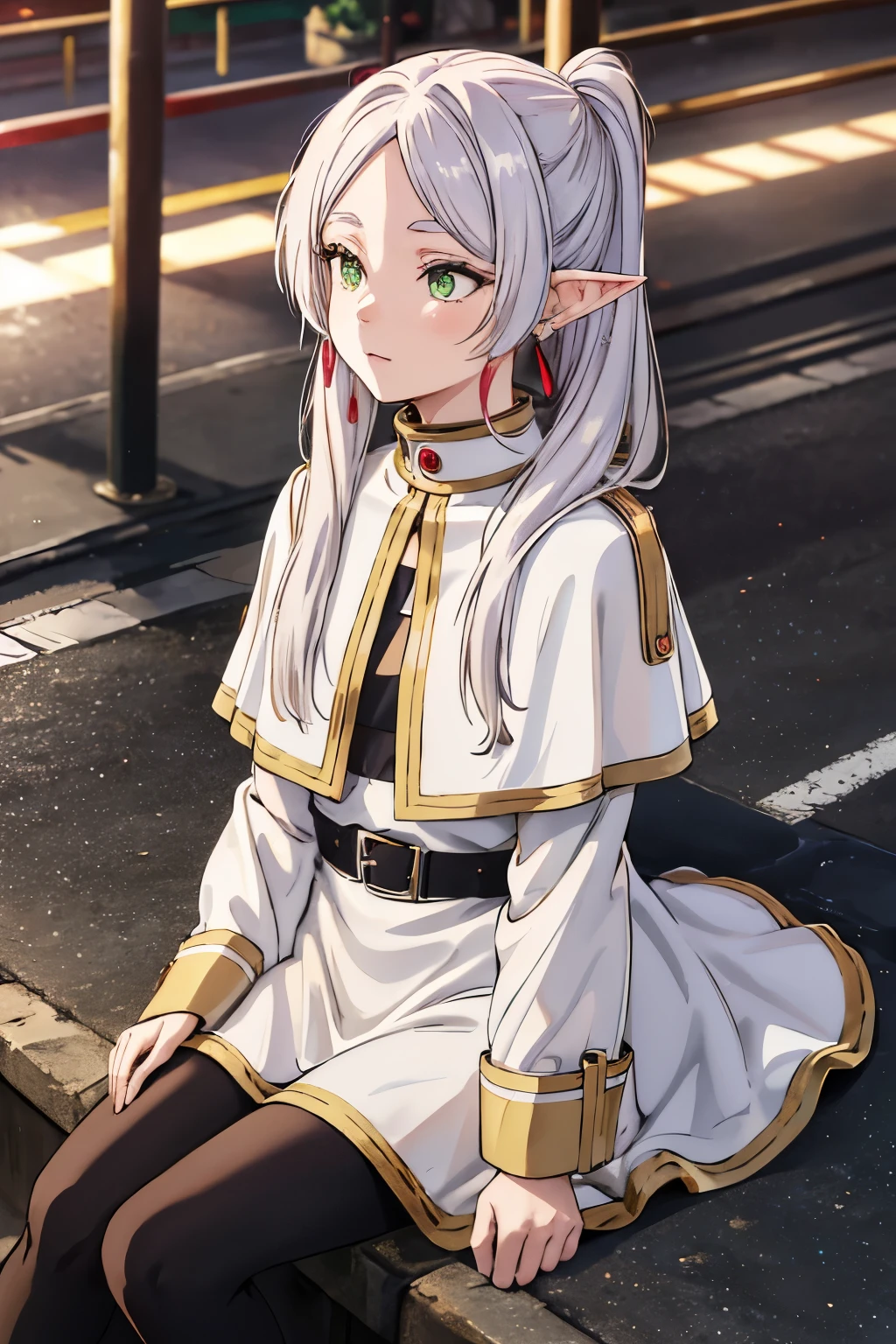 masutepiece,Best Quality,hight resolution,Ultra-detailed,freeze,Green eyes,Long hair,Twin-tailed,Parted bangs,earrings,Jewelry,Dress,Long sleeves,white capelet,Belt bag,Black pantyhose,long boots,Brown Footwear,Outdoors,Street,Sit up,Looking into the distance,evening glow