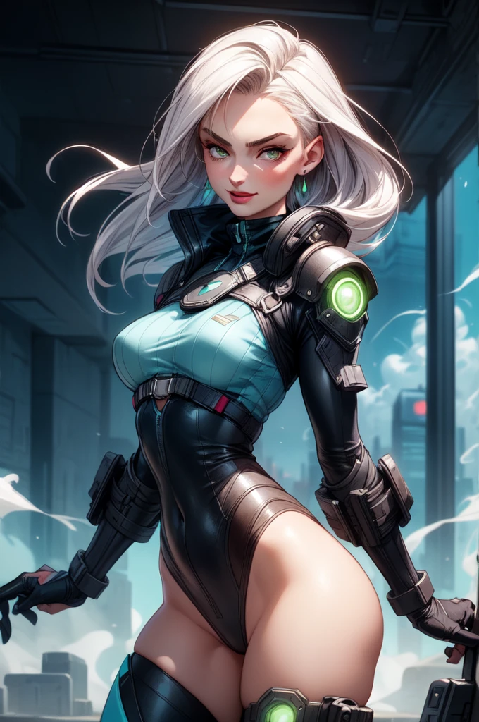 torso shot, facing front, best quality, masterpiece, cyberpunk Sophie Turner as 1girl, (solo:1.1), ultra detailed,detailed face, 8k wallpaper, platinum white hair in side cut fashion, wide hips, smile, Sophie Turner as military female soldier with gear of war, city background, smoke and rubbles, by gustav klimt , atey ghailan, by greg rutkowski, by greg tocchini, by james gilleard, by joe fenton, by kaethe butcher, gradient blue, green and purple color scheme