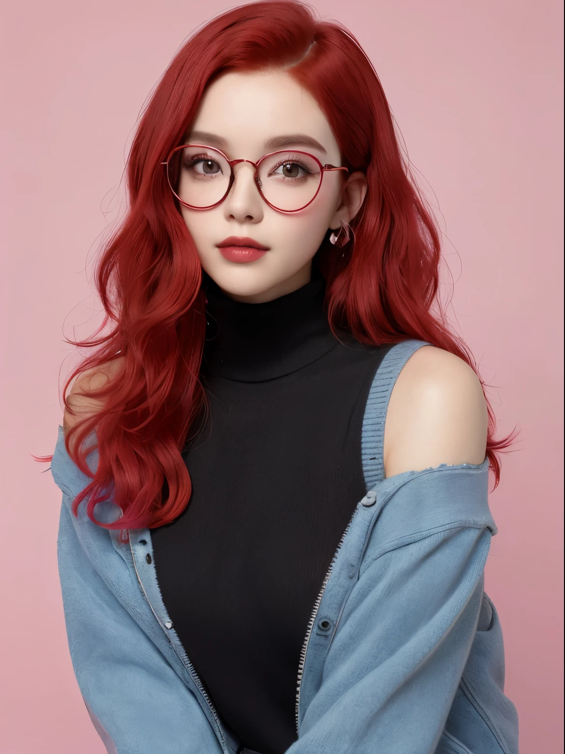 Bright red hair, girl in round black glasses, curls, sweater pink, The background is blue, Flirting, model, Studio shooting, ((Best Quality)), ((Masterpiece)), (Detailed), a perfect face