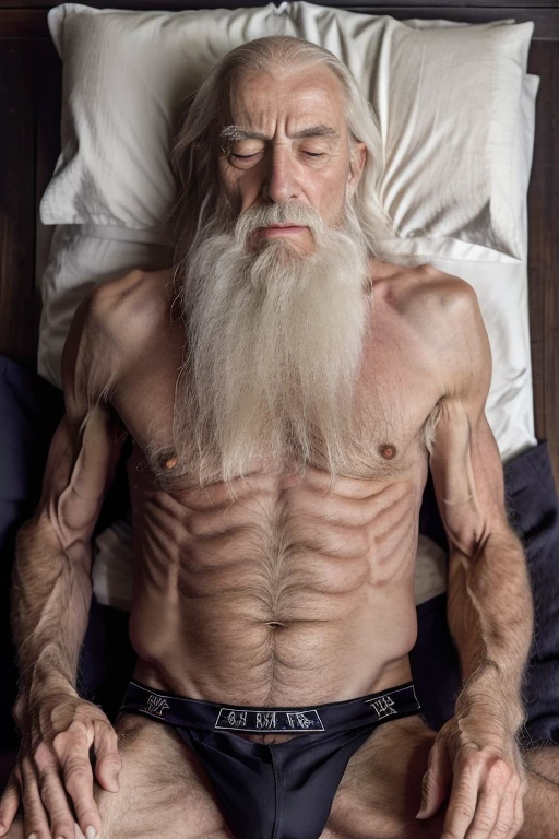 An elder with a long beard and white hair, with a serene face wrinkles, looking producing, body older weak, skinny bones hairy, body naked, his shirt was open to reveal his stomach wrinkles older hairy weak and chest, arms legs neck hands feet skinny old and weak, shy and blushed, Lying in the bed dark, hands and foots attached by handcuffs, briefs boxer black, legs spread chains,Closed eyes, face expression afraid and mouth open, master-piece,4K images,beste-Qualit