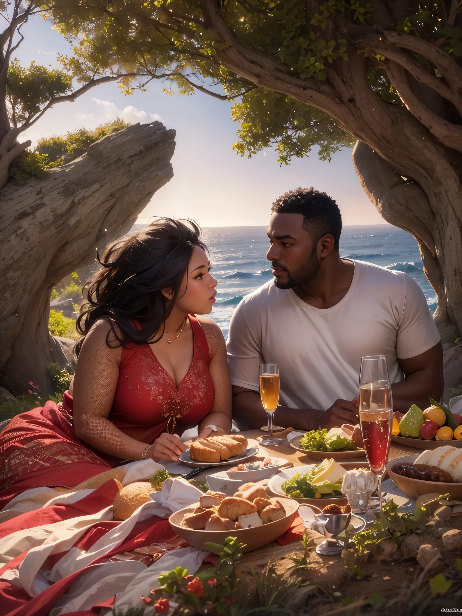 Photograph of a 23 year old full-figured Latina woman and a 25 year old very dark-skinned african-american man having an intimate picnic on a cliff while watching the sunset over the ocean. She is wearing a red sundress with white trim and red high heels. Birds flying in the background., perspective, cinematic lighting, depth of field, reflection light, backlighting, UHD, masterpiece, anatomically correct, textured skin, super detail, 8k
