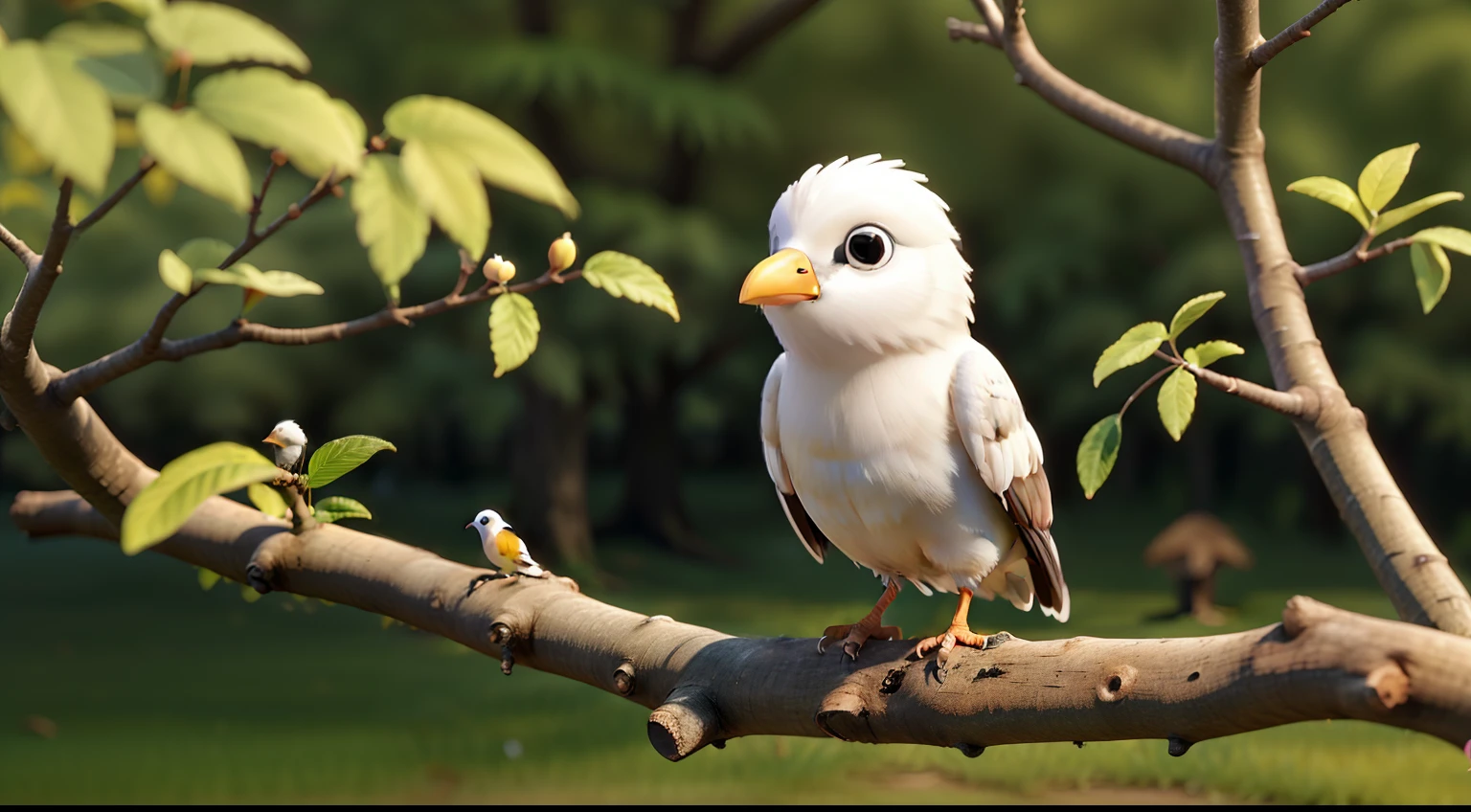 A little white bird perches on the branches of a hazel sapling