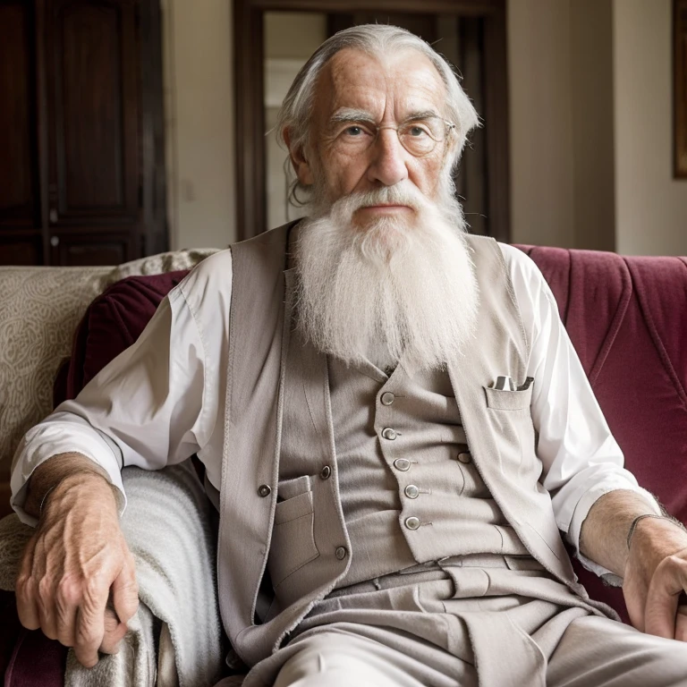 Russel hodgkinson, An elder butler with a long beard and white hair, with a serene face wrinkles, looking producing, body older weak, skinny bones hairy, body naked, his vest butler was open to reveal his stomach wrinkles older hairy weak and chest, bow tie, socks and suspense socks, gloves white, boxer old briefs, arms legs neck hands feet skinny old and weak, shy and blushed, Lying on old sofa vintage, lily,master-piece,4K images,beste-Qualit