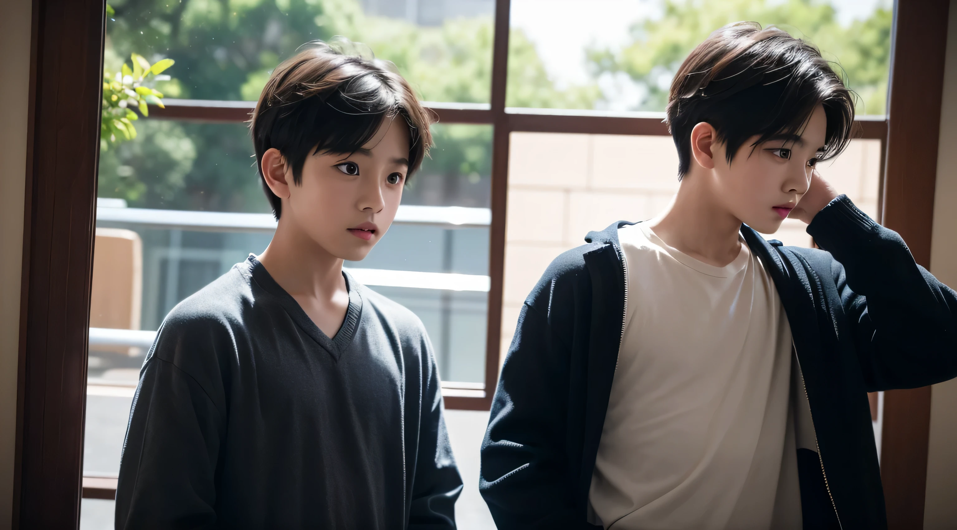 Generate a movie lighting poster,Two sixth-grade elementary school boys who look exactly the same but have different personalities.,Short hair details,Stand back to back,8K,电影灯光,hyper realisitc,realistically