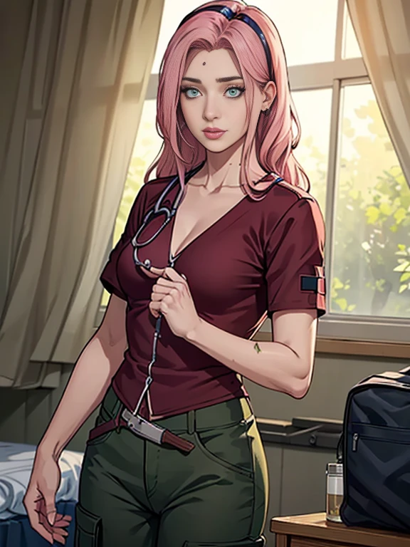 (masterpiece), (portrait), (aesthetic), (beautiful), (upper blody), (high quality), (aesthetic clothings), (professional angle), (rule of thirdeminine), (woman), (female), (beautiful),(feminine features), (21 years), solo, sakura\(boruto\), 1 woman, solo, mature woman, (attractive doctor), (Dust or Medical Tent), (Day), (Soft light), ((Treating Wounded Soldier)), (Holding Medical Supplies ), ((Looking Down Face)), ((Compassionate)), (Natural Make-up), (Big Bust), (Medical Bag, Stethoscope), ((Long Hair)), (Pink Hair), (Straight Hair), (Loose Waves hair), (- in Hair), (Wide Open Eyes), (Light Green Eyes), (Caring and Strong Look), Fair skin, (Subtle Medical Details Clothing), (Combat Medic Uniform), (-), (Cargo Pants ), (V-neck Neckline), ((Military Base or Field Hospital background)), (Medium Shot), beautiful hands, two hands, normal hands, two arms, complete hands, beautiful body, beautiful fingers, normal fingers, five fingers, five fingers, beautiful ears, normal ears, beautiful eyes, shiny eyes, beautiful mouth, beautiful lips,