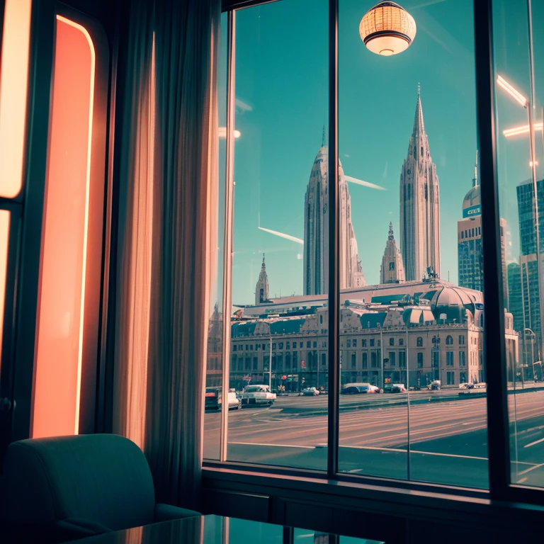 4k image from a 1960s science fiction film by Wes Anderson, Filme O Grande Hotel Budapeste, pastels colors, a retro window design, seen from inside a room from the inside out, an big city neon colors through a window, big city retro futuristic neon, blade runner style, Retro-futuristic , Luz Natural, futurista estranho, retro-futurista, photo-realistic, photography blur effect, depth of field, city blurred