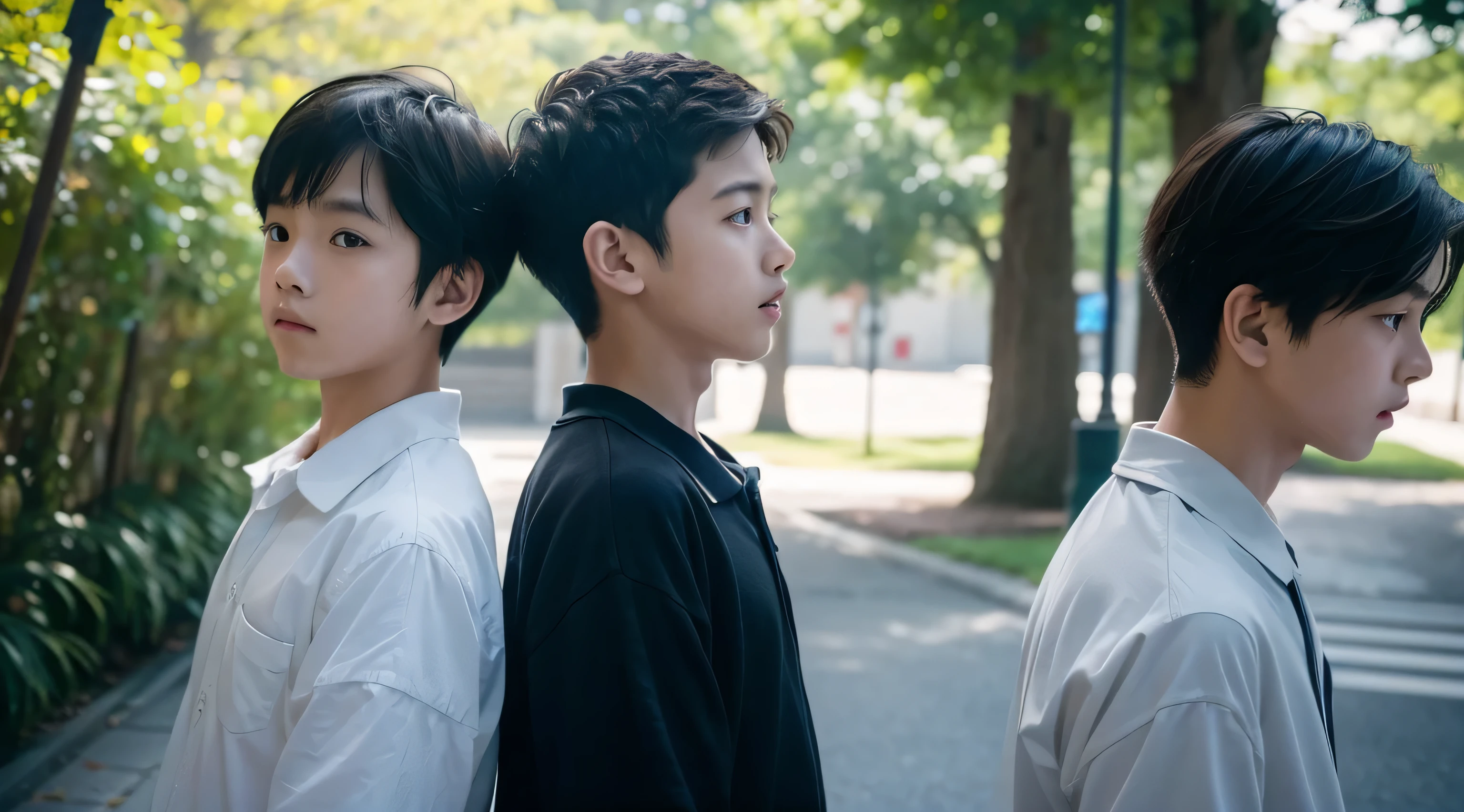 Generate a movie lighting poster，Two sixth-grade elementary school boys who look exactly the same but have different personalities.，Short hair details，Stand back to back，8K，电影灯光，hyper realisitc，realistically
