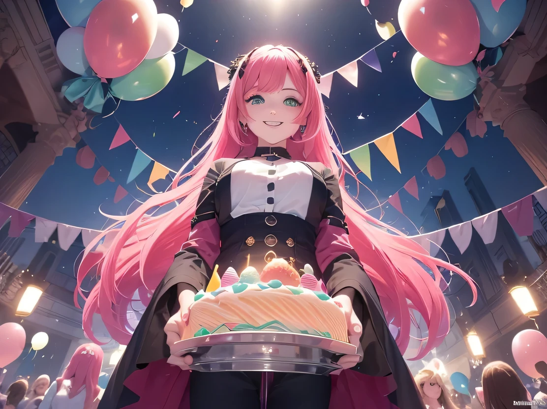 (melhor qualidade,ultra-detalhado,alto,master part:1.2),vivid colors,woman with pink hair and green eyes smiling at the camera,eating a birthday cake,balloons tied behind her,party lighting, with black pants and red blouse, sentado no canto da imagem e o bolo no centro