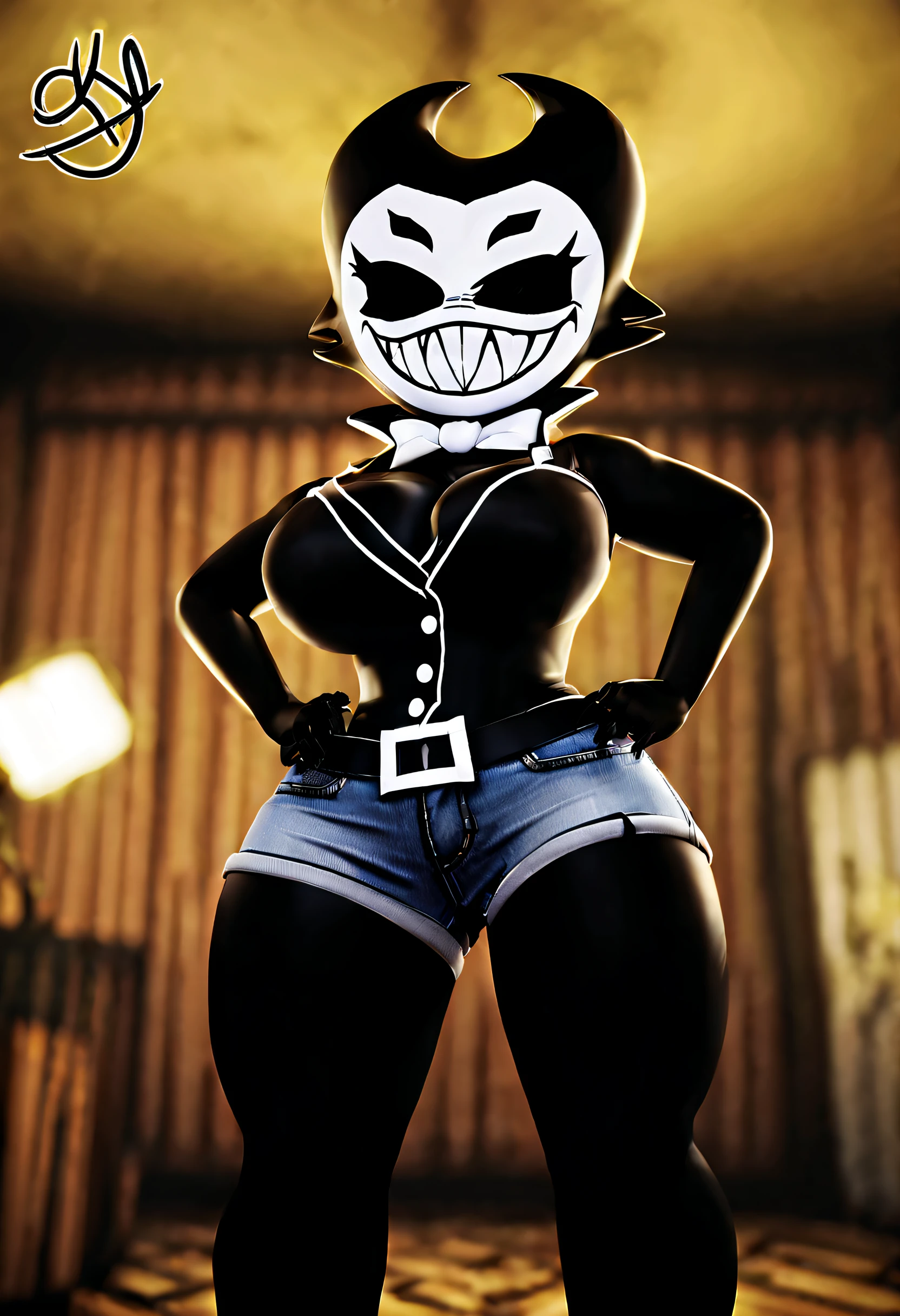 (best quality, masterpiece1.2), 1girl, solo, antro, cally3d, (black body), (ink darling), horns, black horns, sharp teeth, tank top, jean shorts, woman, black eyes, (no pupils), white face, sexy, detailed, extreme detail, perfect lighting, 4k, closed mouth, devil tail, ink black body, hands on hips,