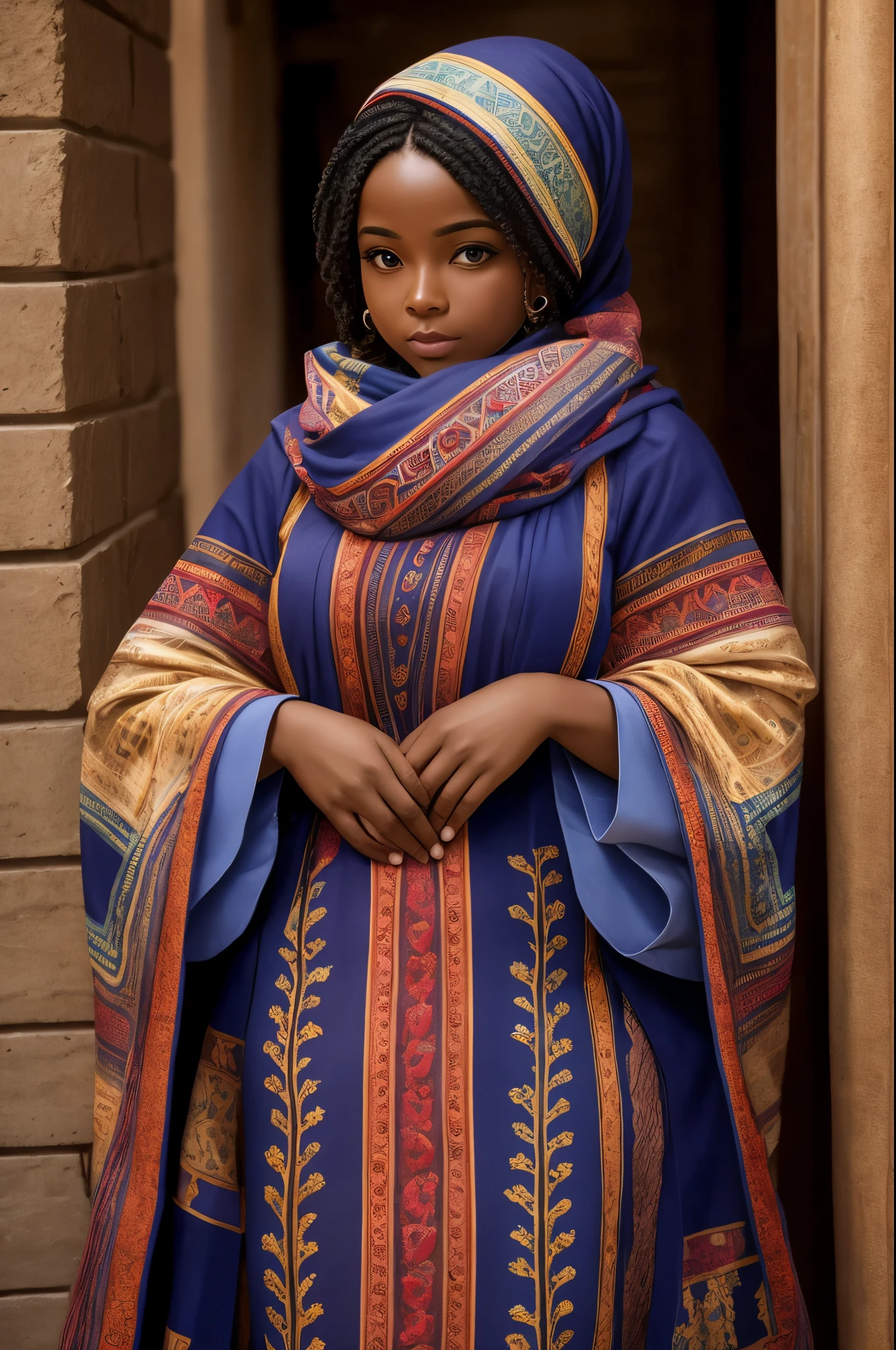 Editorial, a dark skin woman wearing a shawl and scarf, deep melanin, depth of feild, intimate photography, colors: coastal, shot on porta 120, hips: ultra wide, trapezoidal, thick --auto --s2