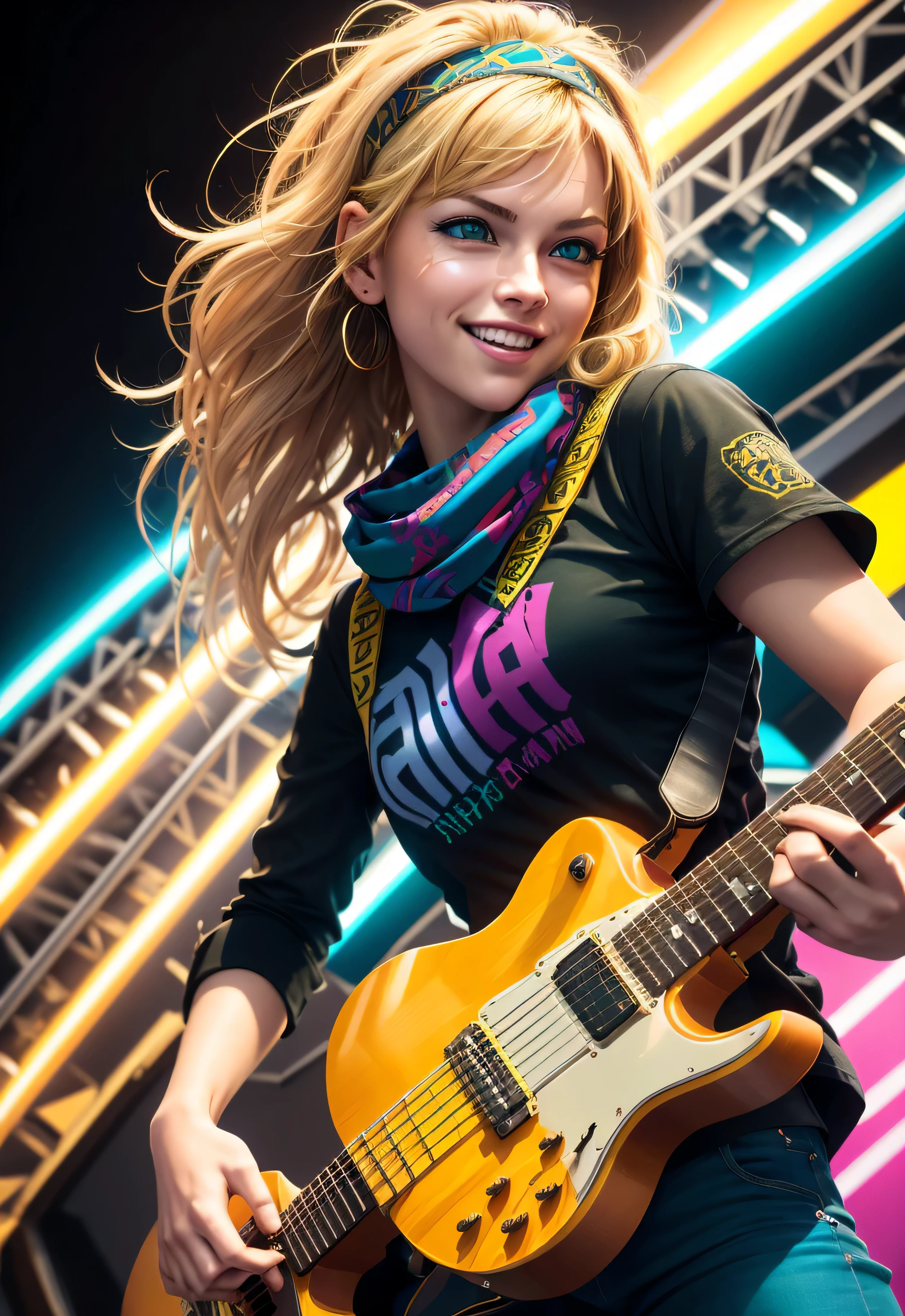 Create a dynamic photo of a Guitarist girl with BLOND hair and GREEN eyes smiling, Performance. Ultra High surrealism 5 fingers at each hand. Emphasize his stage presence, intricate guitar work, and iconic bandana. Experiment with vibrant colors and bold contrasts to capture the energy, close-up, mid-shot, walking up towards in the foreground, City. extremely sharp focus face and accurate fingers, cinematic, realistic, focus, studio photo, SHARP colors and bold contrasts to capture the energy, close-up, mid-shot, walking up towards in the foreground, 35mm Expressionist --aspect 1:1 --s 750 --v 5.2