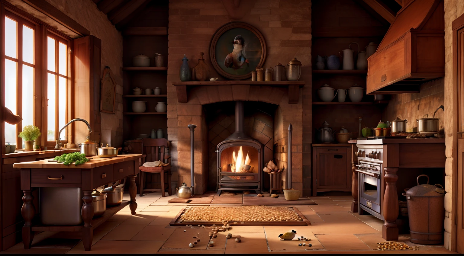 (anime, digital paint, interior of gingerbread house, warm and inviting, the children eagerly eating sweets at a large candy-covered table, cozy fireplace with flickering flames, detailed candy and food all around, homely and deceptive atmosphere)
