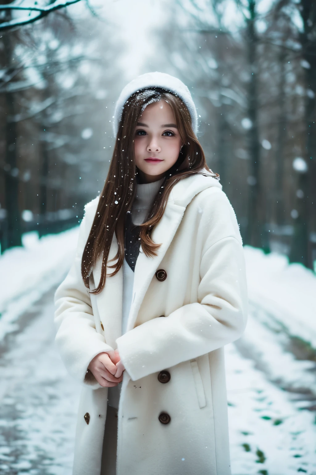 ((masterpiece)), (best qualtiy), Medium Shot, (super detailed), 1girl, cute age girl, white large coat, (messy long hair), beautiful brown hair, hollow eyes, hands in a pocket, winter day, (Silence Atmosphere), ((undress clothes)), snowing