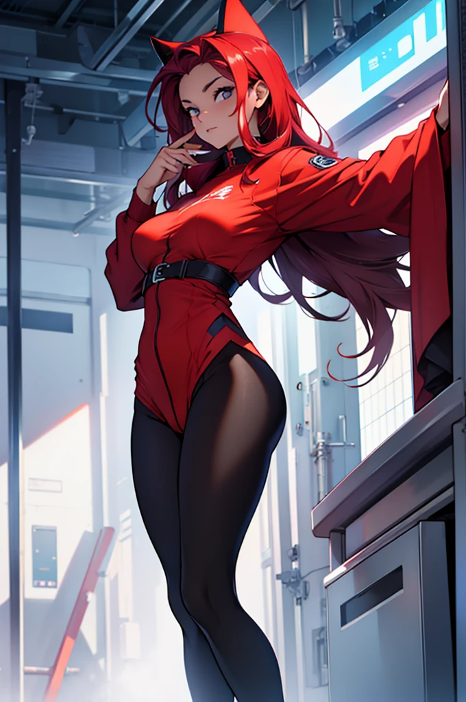 linda ruiva com maio vermelho, long black tights,com salto alto vermelho, olhar sexy,belos olhos