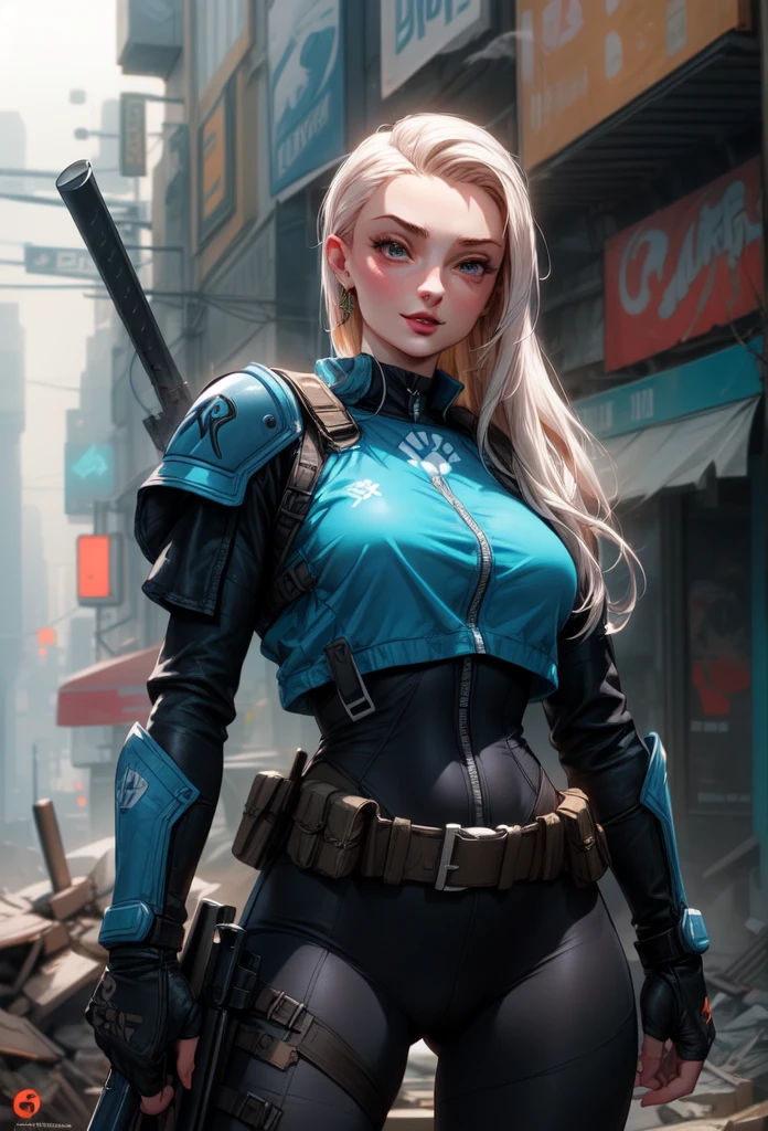 torso shot, facing front, best quality, masterpiece, cyberpunk Sophie Turner as 1girl, (solo:1.1), ultra detailed,detailed face, 8k wallpaper, platinum white hair in side cut fashion, wide hips, smile, Sophie Turner as military female soldier with gear of war, city background, smoke and rubbles, by gustav klimt , atey ghailan, by greg rutkowski, by greg tocchini, by james gilleard, by joe fenton, by kaethe butcher, gradient blue, green and purple color scheme