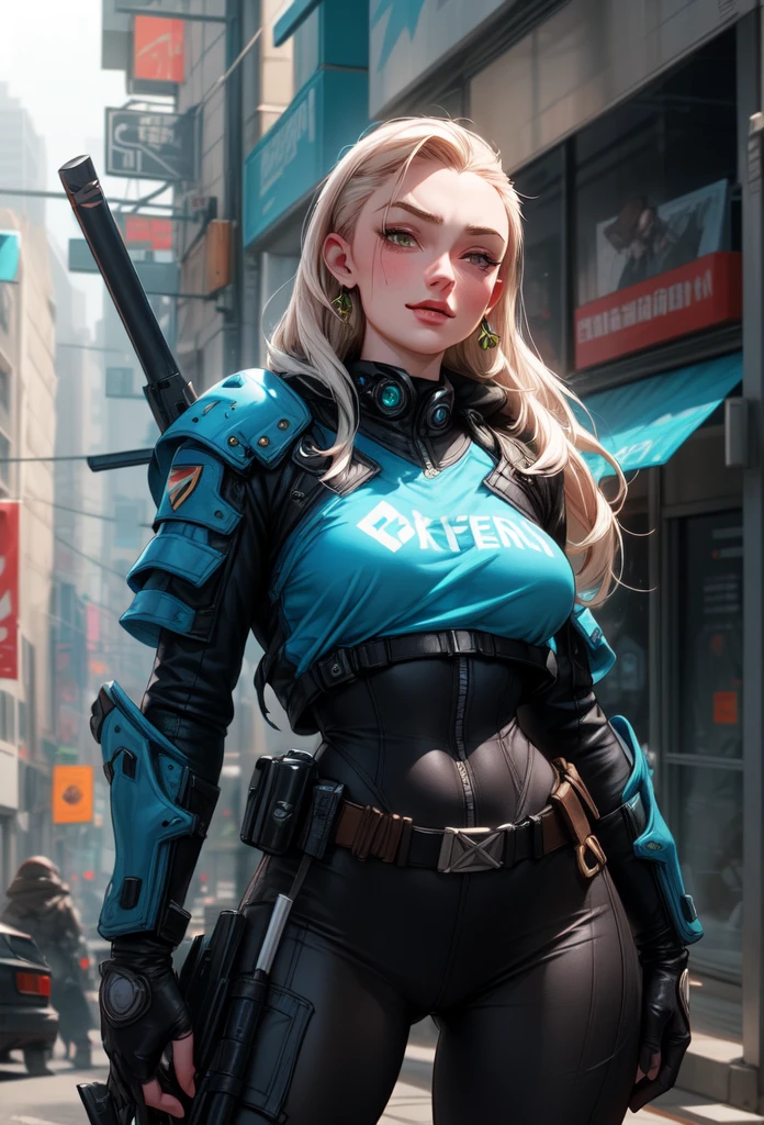 torso shot, facing front, best quality, masterpiece, cyberpunk Sophie Turner as 1girl, (solo:1.1), ultra detailed,detailed face, 8k wallpaper, platinum white hair in side cut fashion, wide hips, smile, Sophie Turner as military female soldier with gear of war, city background, smoke and rubbles, by gustav klimt , atey ghailan, by greg rutkowski, by greg tocchini, by james gilleard, by joe fenton, by kaethe butcher, gradient blue, green and purple color scheme